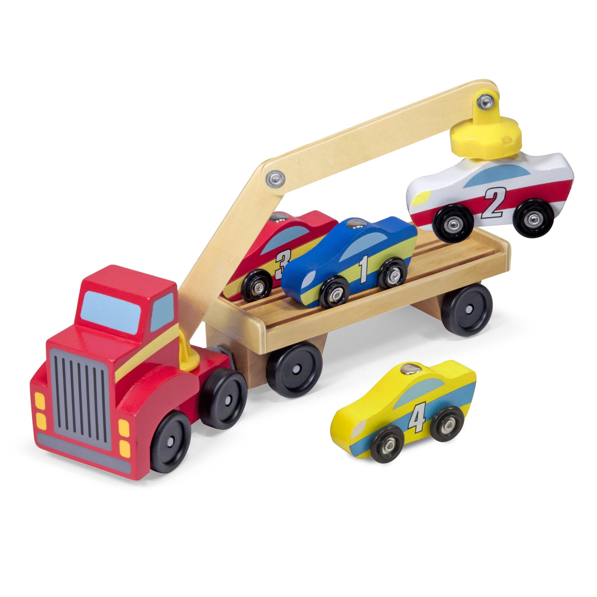 MELISSA & DOUG - Set Camión Grúa Magnético de Madera y 4 Coches de Juguete - Juguetes Educativos - Juguetes Niños 3 años + - Regalo Niño 3 años + - Montessori