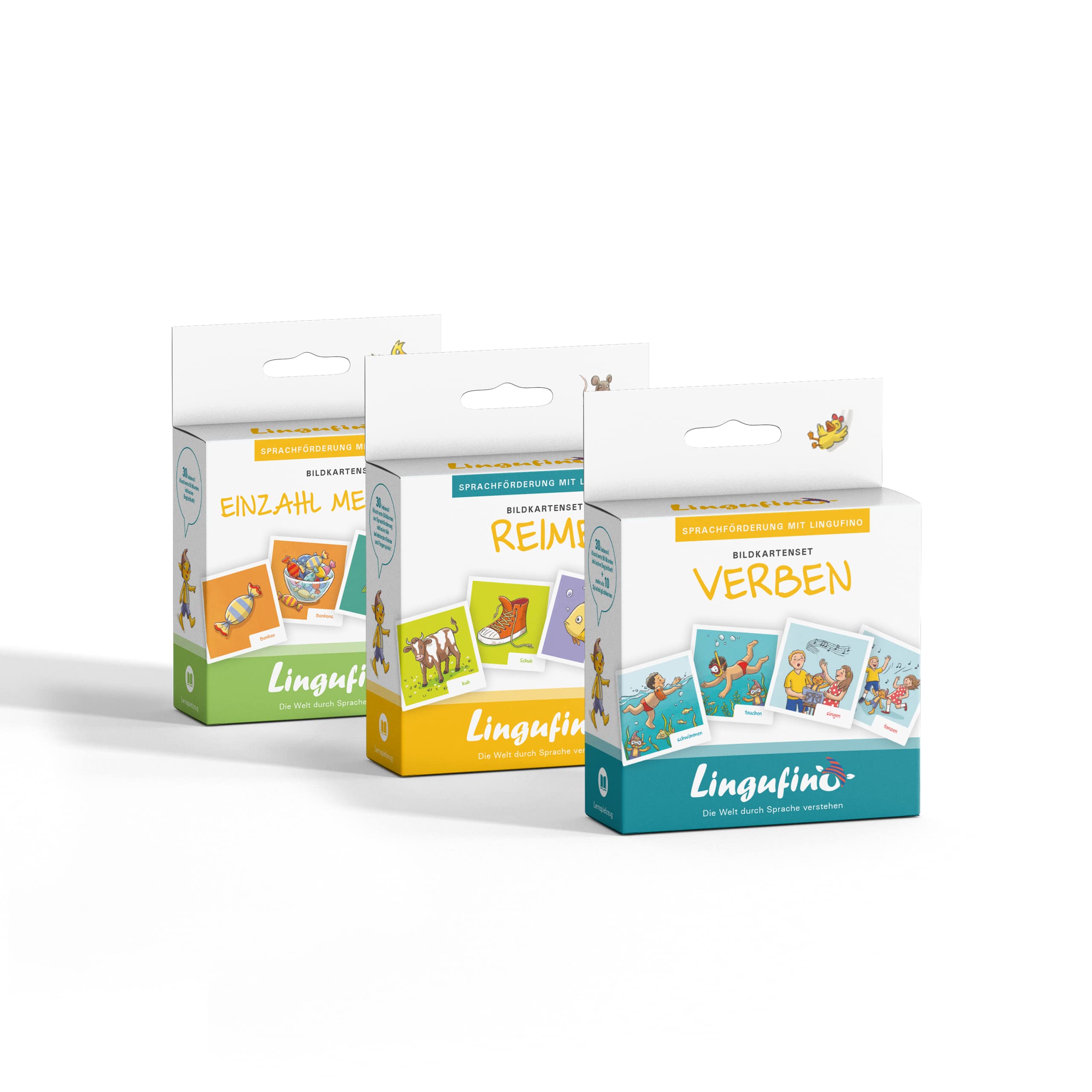 Lingufino Lernkarten Sprachförderung ab 3 Jahren – Bundle mit 90 Bildkarten: Einzahl-Mehrzahl, Reime & Verben – Logopädie Material für Kinder – inkl. Spielideen & Begleitheft zur Sprachentwicklung