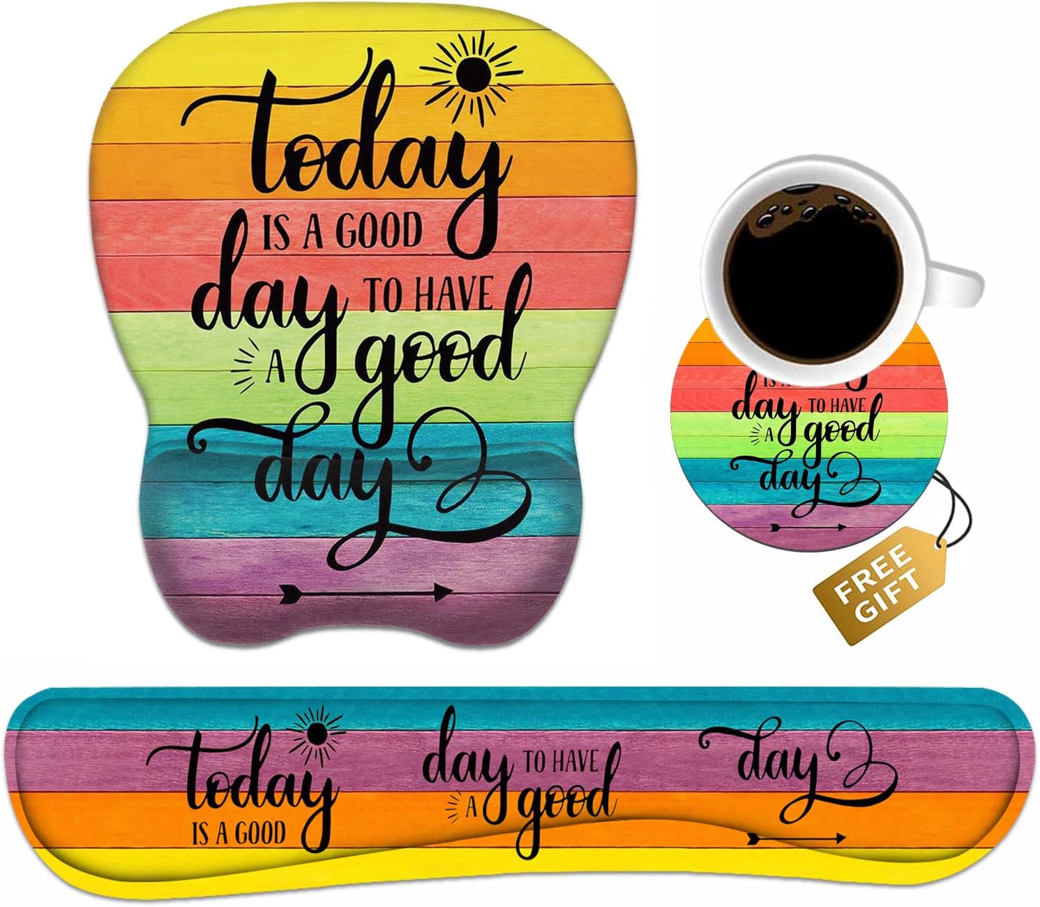 Mouse Pad Wrist Support and Keyboard Wrist Rest Set with Coasters, Today is a Good Day to Have a Good Day Inspirational Quote with Non-Slip PU Base Ergonomic Mousepad for Computer Laptop Home Office