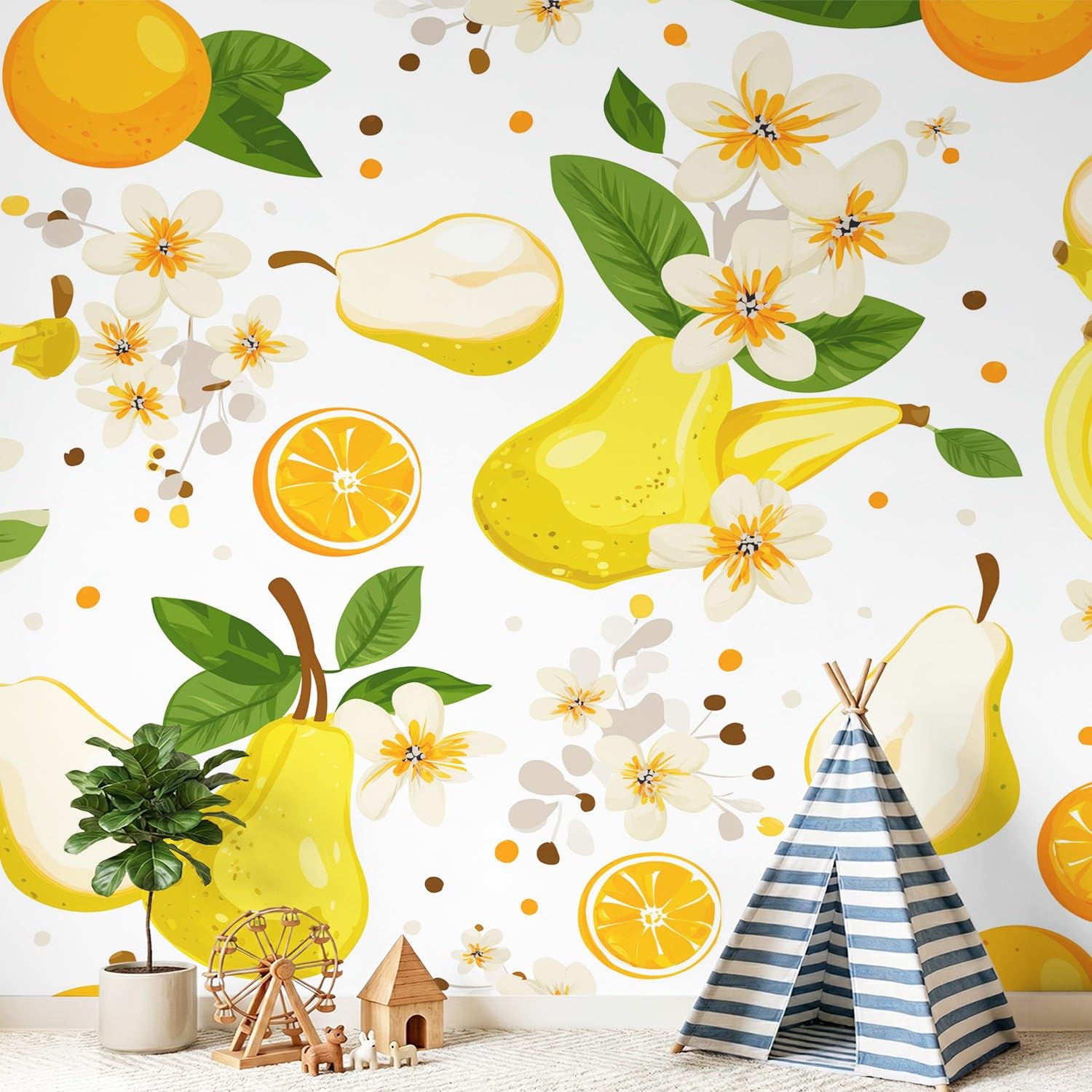 Generisch Tapete Nordisch, Frisch, Früchte - Gelbe Birne, Orange, Blumenmuster Muster- Vliestapete Wand Deko Mustertapete Modern Wandtapete Wanddeko - Motivtapeten - 300 x 210 cm