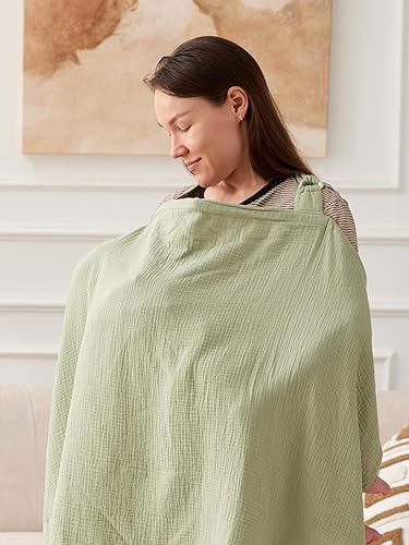 Miniatura 3 de TILLYOU Funda de lactancia de muselina para lactancia materna, 100% algodón transpirable con cuello de arco para mujer, color verde