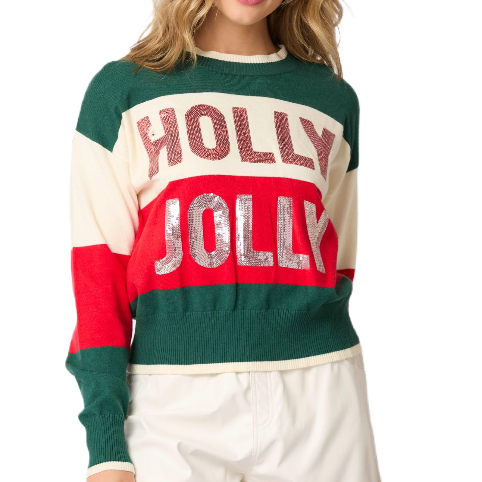 Sequin Christmas Sweater for Women Color Block Christmas Sweater Merry Holiday Knitted Pullover Tops