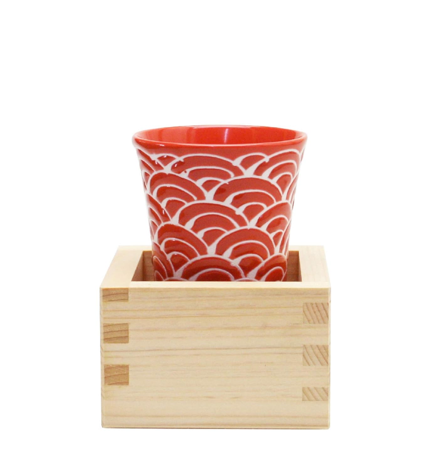 Yamaki Ikai Japanese Pattern Sake Bowl with Masu Blue Sea Wave Cup (Vermilion)