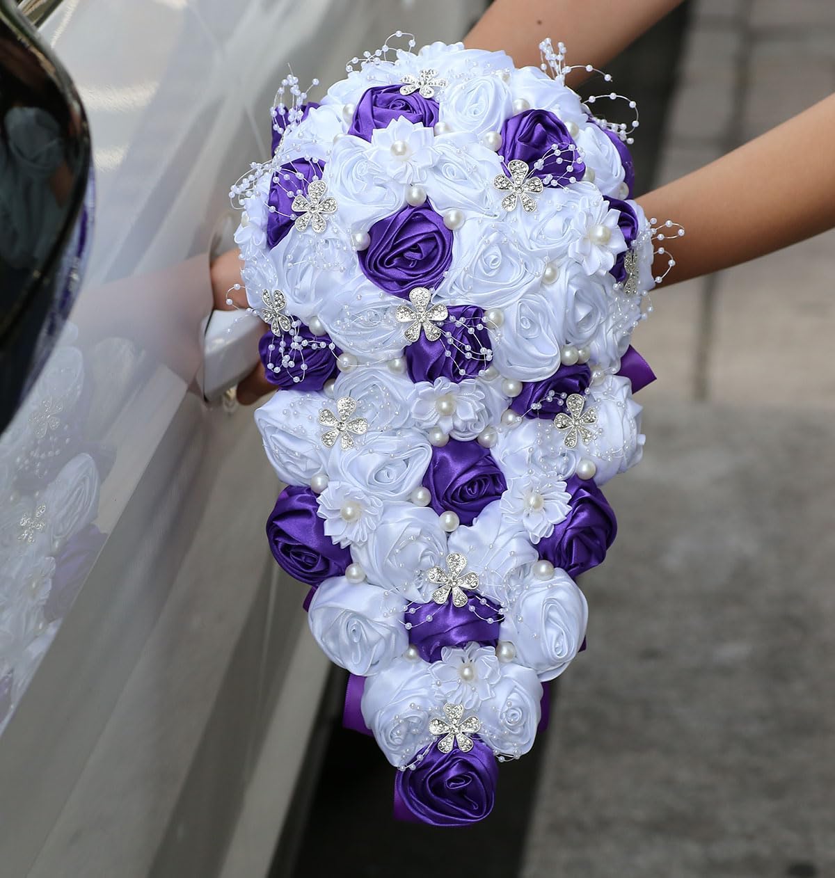 Luxury Cascade Bridal Wedding Bouquet Satin Rose Waterfall Holding Bouquet Artificial Flower Bunch for Bride Bridesmaid(White & Purple, 17.3" x 8.7")