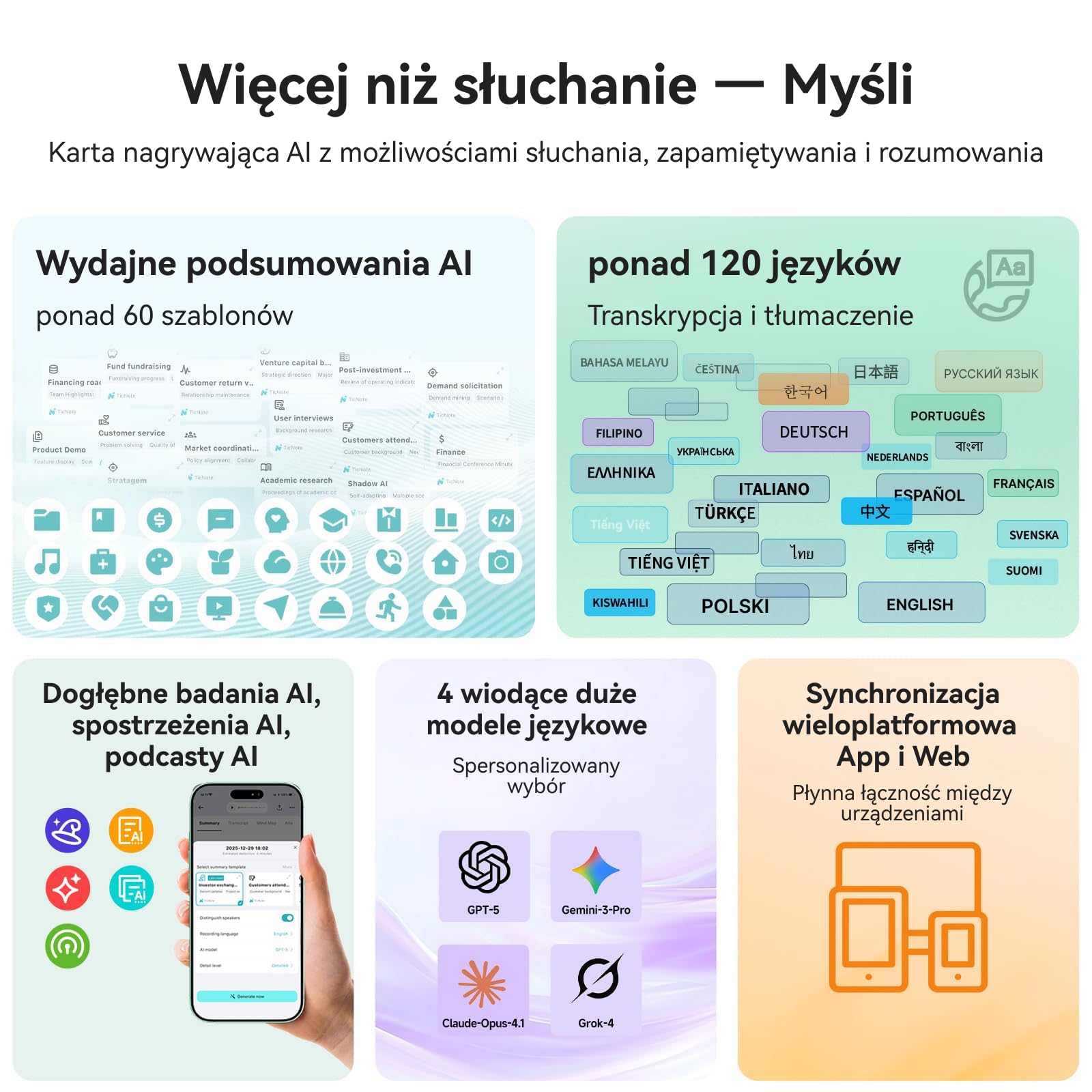Mobvoi TicNote Lite Inteligentny Dyktafon AI, Notatnik AI z Natychmiastową Transkrypcją i Podsumowaniem, Sterowanie Aplikacją, 120+ Języków, Cień AI do Wykładów, Spotkań i Rozmów