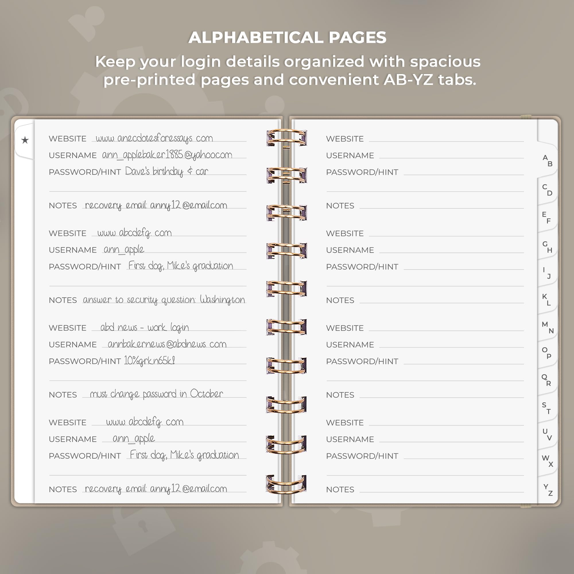 Clever Fox Password Book Spiral, Mini Internet Address Log with Alphabetical Tabs, Small Password Keeper & Organizer - Image 3