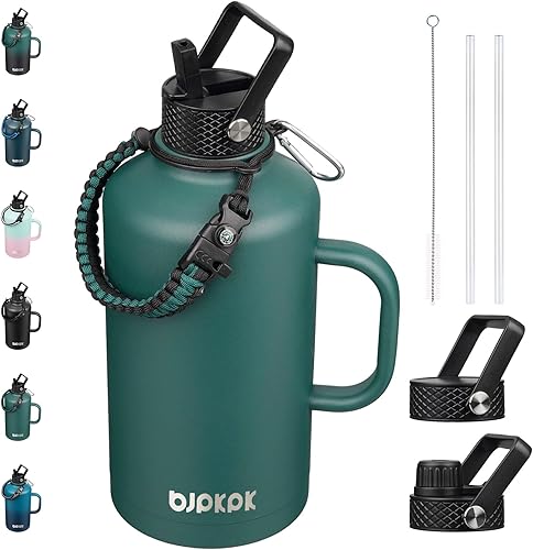 Miniatura 17 de BJPKPK Botella de agua de 1 galón aislada con tapa con pajita, 50oz, 64oz, 87oz, 128oz grande, botellas de agua de acero inoxidable con 3 tapas y