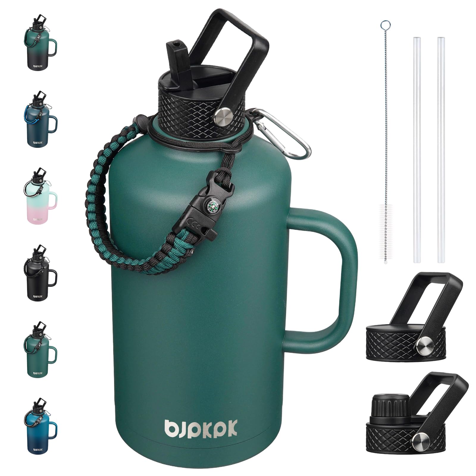 BJPKPK 2/3 Gallon Water Bottle Insulated with Straw Lid, 50oz, 64oz, 87oz, 128oz Large, Stainless Steel Water Bottles with 3 Lids and Paracord Strap, Double Wall Vacuum Metal Water Jug,Army Green