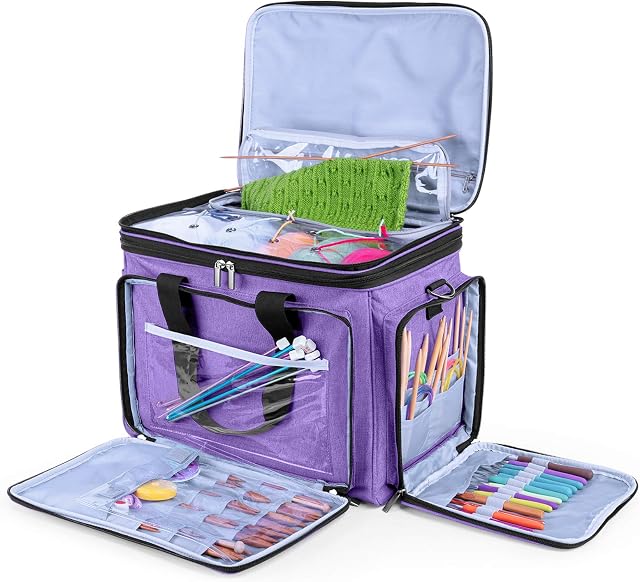Luxja Knitting Bag, Yarn Bag with Cover, Yarn Storage Organiser for Carrying Projects, Knitting Needles (up to 14), Crochet Hooks and Other Accessories (NO ACCESSORIES INCLUDE), Purple