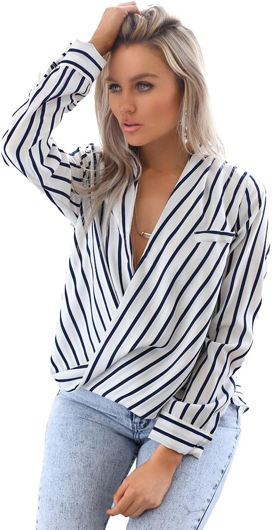 Women's Casual Striped Chiffon Blouses Loose Wrap Front Surplice Long Sleeves Shirt