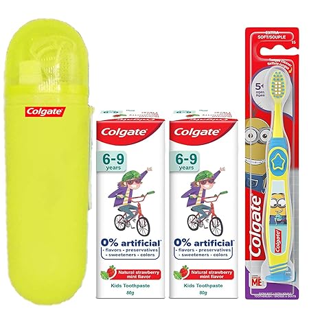 Colgate Kids (5+ years) minions Toothbrush + Colgate Kids 6-9 Years Strawberry Mint Flavour paste , 0% Artificial For Kids - (2x80g) + Toothbrush/Toothpaste Container Hard Plastic Case