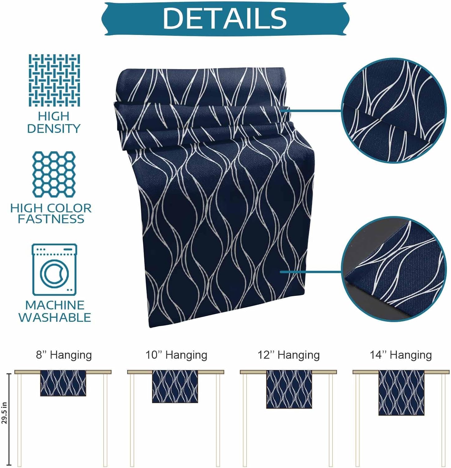Home Linen Table Runner 18"x72", Kitchen Table Runner Holiday Table Decor Farmhouse Dresser Scarves Navy Blue Wavy Pattern Texture Table Runners for Picnic Kitchen Decor