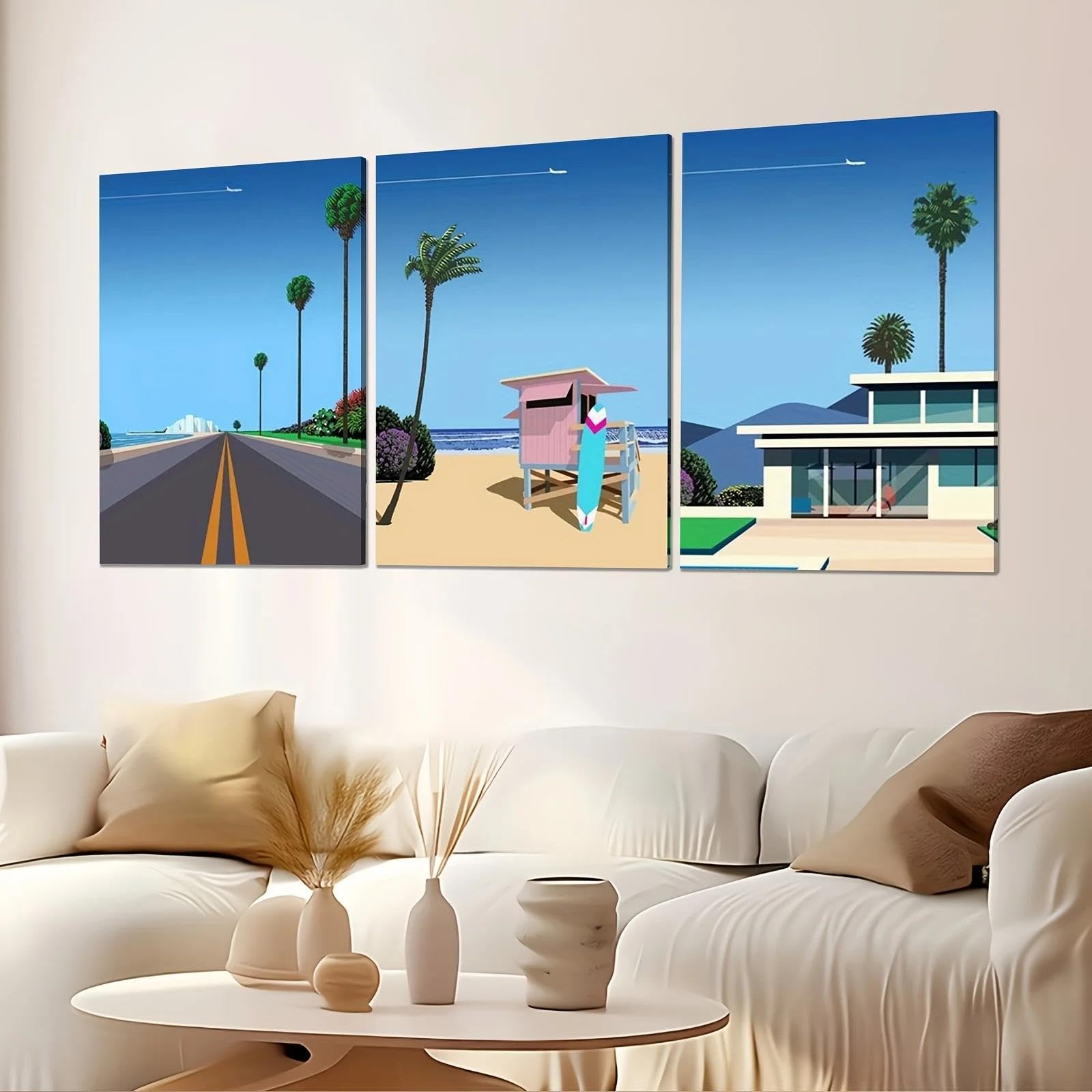 Yocheng 3-Panel Canvas Wall Art Beach & Pool Villa With Surfing Scene, Vibrant Colors 21x30cmx3 No Frame