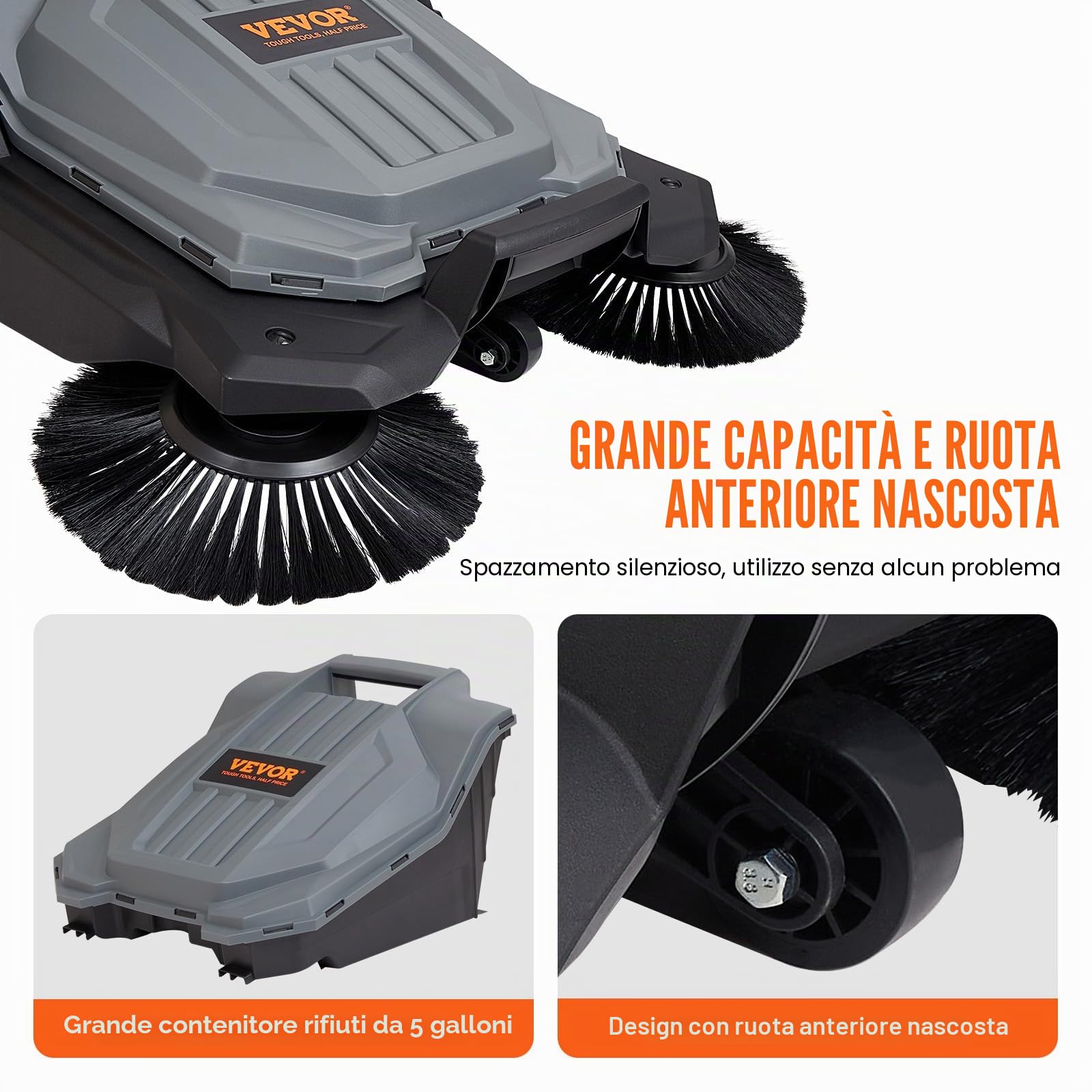 VEVOR Spazzatrice per pavimenti a terra manuale, larghezza 25,6" Spazzatrice per pavimenti manuale, contenitore per rifiuti da 5 galloni, maniglia in angolazione e altezza, cortile, garage, patio