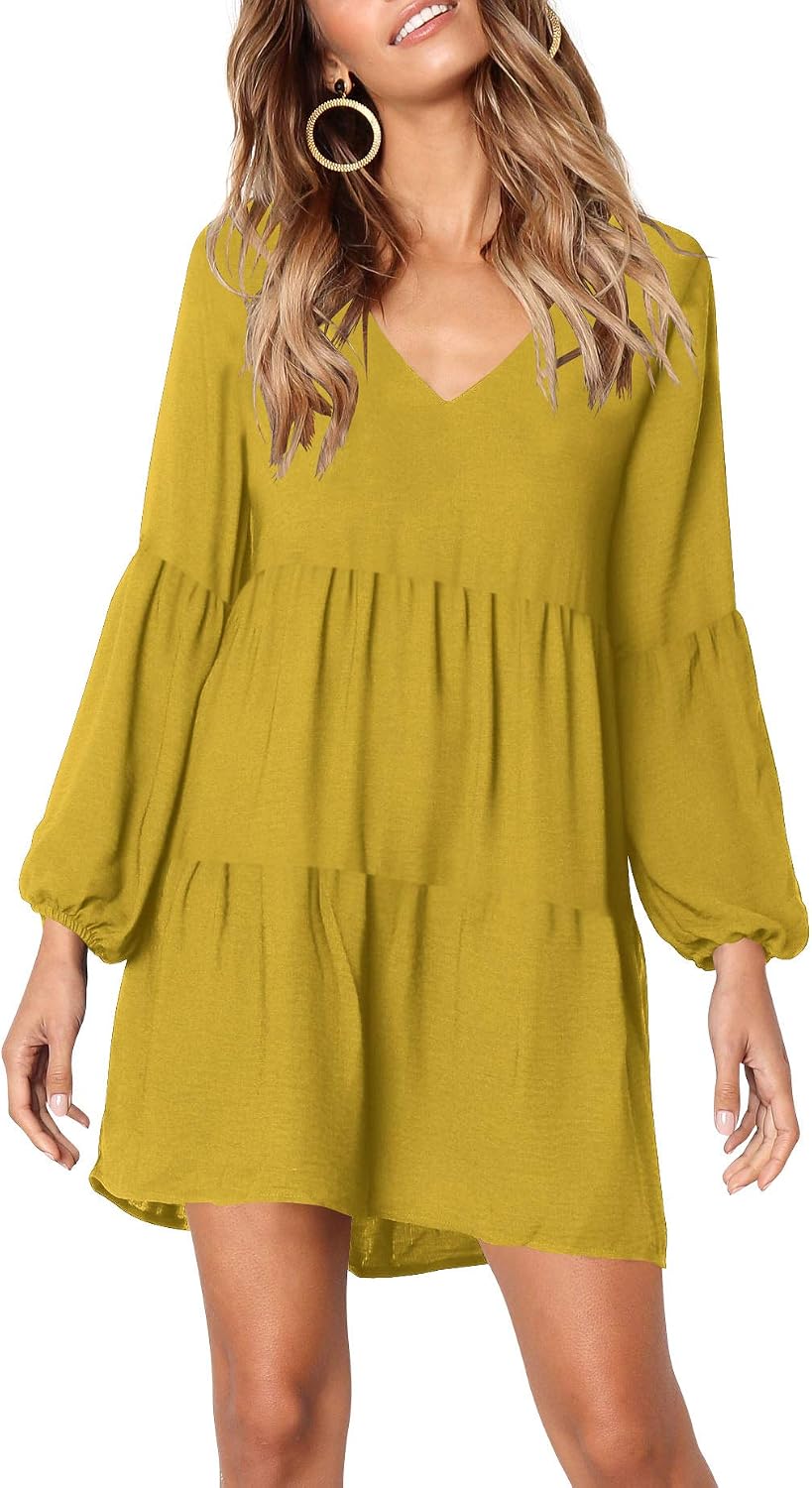 FAVALIVE Womens Casual Loose Short Sleeve V Neck Solid Color Dress