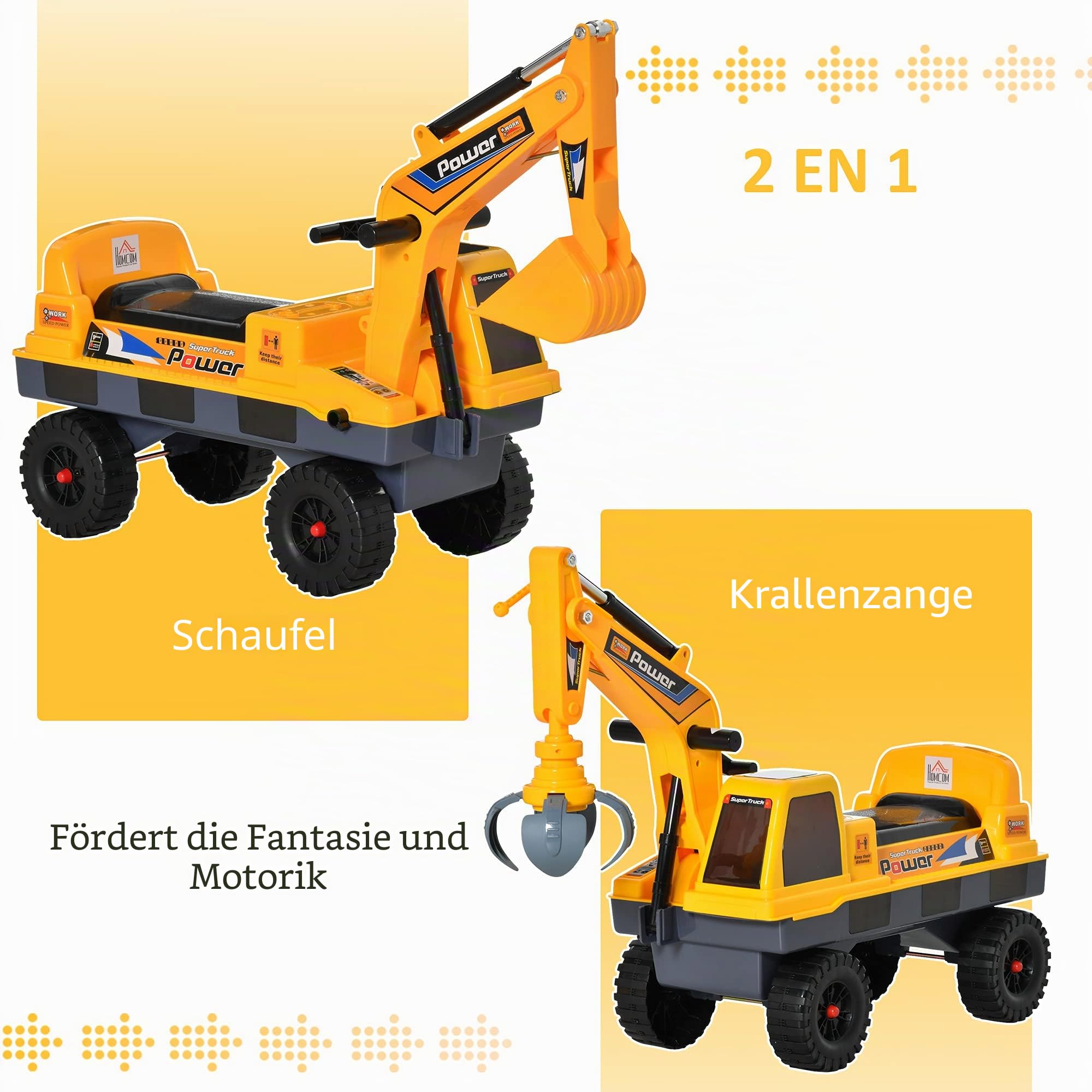 Homcom Kinder Tritor Lauflernhilfe Traktor 2 – 3 Jahre Bagger mit Gelenk, mit Zange inkl. Soundeffekte, Polypropylen, Gelb