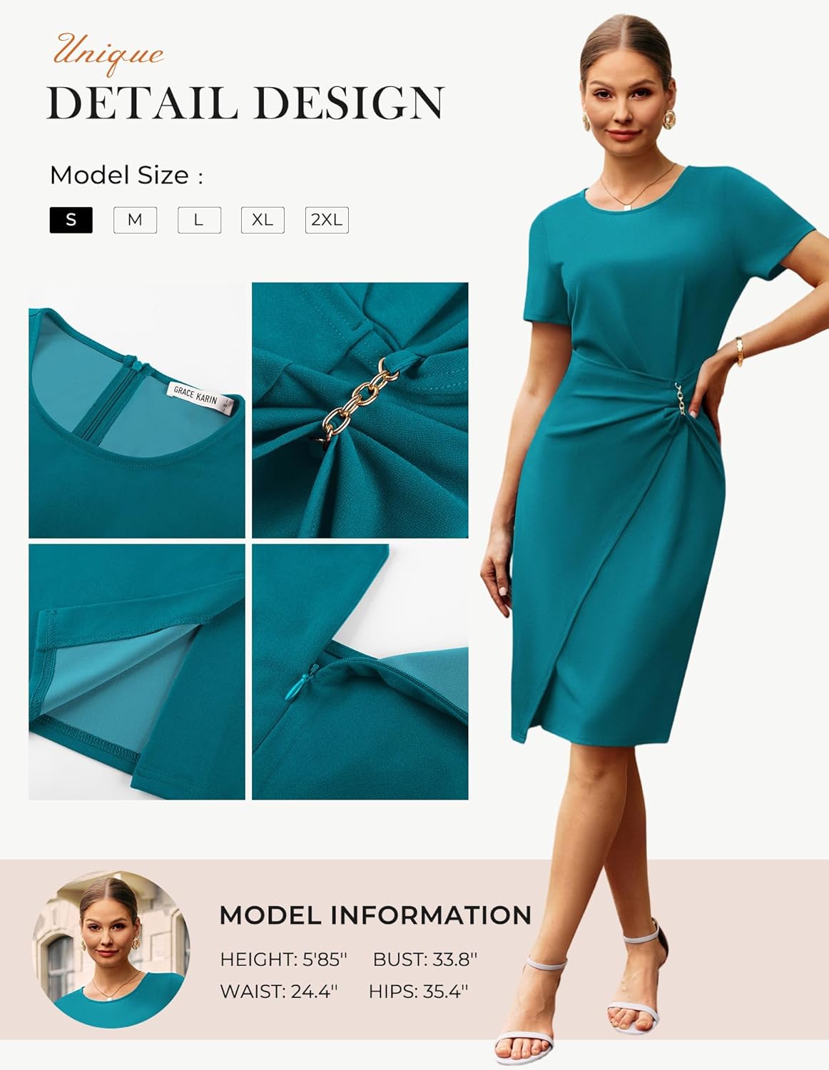GRACE KARIN Work Dresses for Women 2026 Short Sleeve Sheath Business Midi Dress Ruched Bodycon Office Church Outfits - Image 5