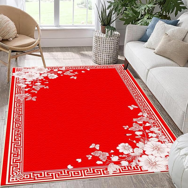 Tapis chinois aux motifs floraux et géométriques, l'élégance du rouge traditionnel