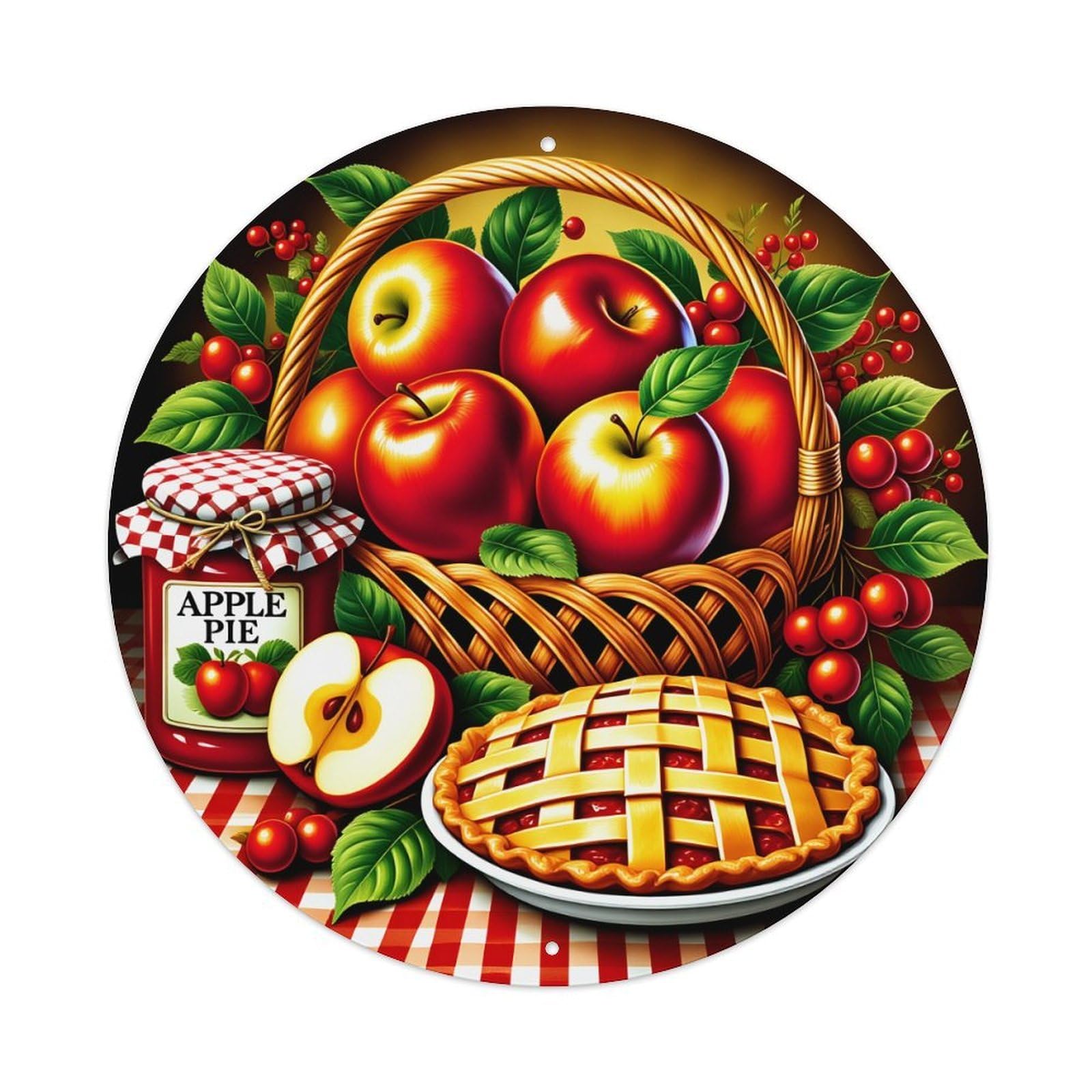 Apple Pie Basket Red Checkered Tablecloth Round Tin Sign Vintage Metal Poster, Home Bar Garage Man Cave Cafe Indoor & Outdoor Wall Decoration 8x8Inches
