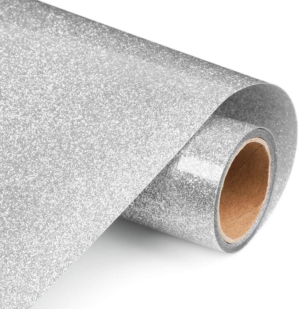 Glitter Heat Transfer Vinyl HTV Rolls 12in.x5ft, Iron on HTV Vinyl Compatible with Silhouette Cameo & Cricut by TransWonder (Silver)