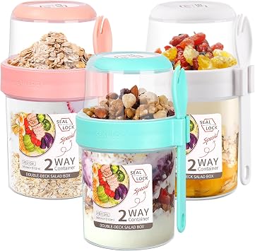 3 PCS 2-Tier Breakfast Cups, 310ml+560ml Yogurt Pots with Lids and Spoon, Reusable Overnight Oats Container, Breakfast Pot To Go Muesli Fruit Salad Jars Split Oat Yogurt Cup Dishwasher Safe
