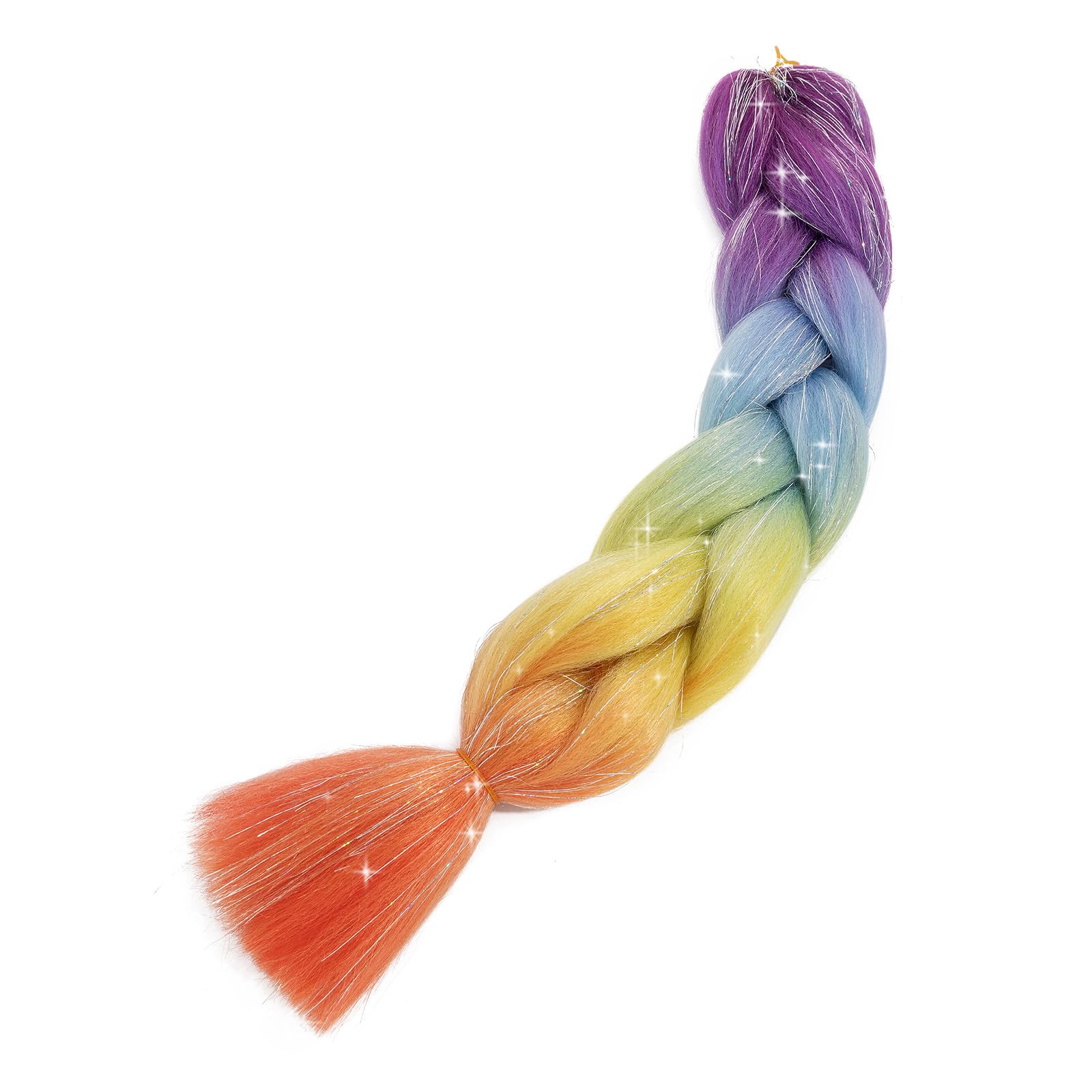 Ombre Jumbo Braiding Hair Colorful Tinsel Hair Extension 24 Inch 1PC Synthetic Braids Rainbow Hair for Girls Women,Glitter Fake Hair for Festival Rave,Purple to Blue to Yellow to Orange Glitter - Image 3