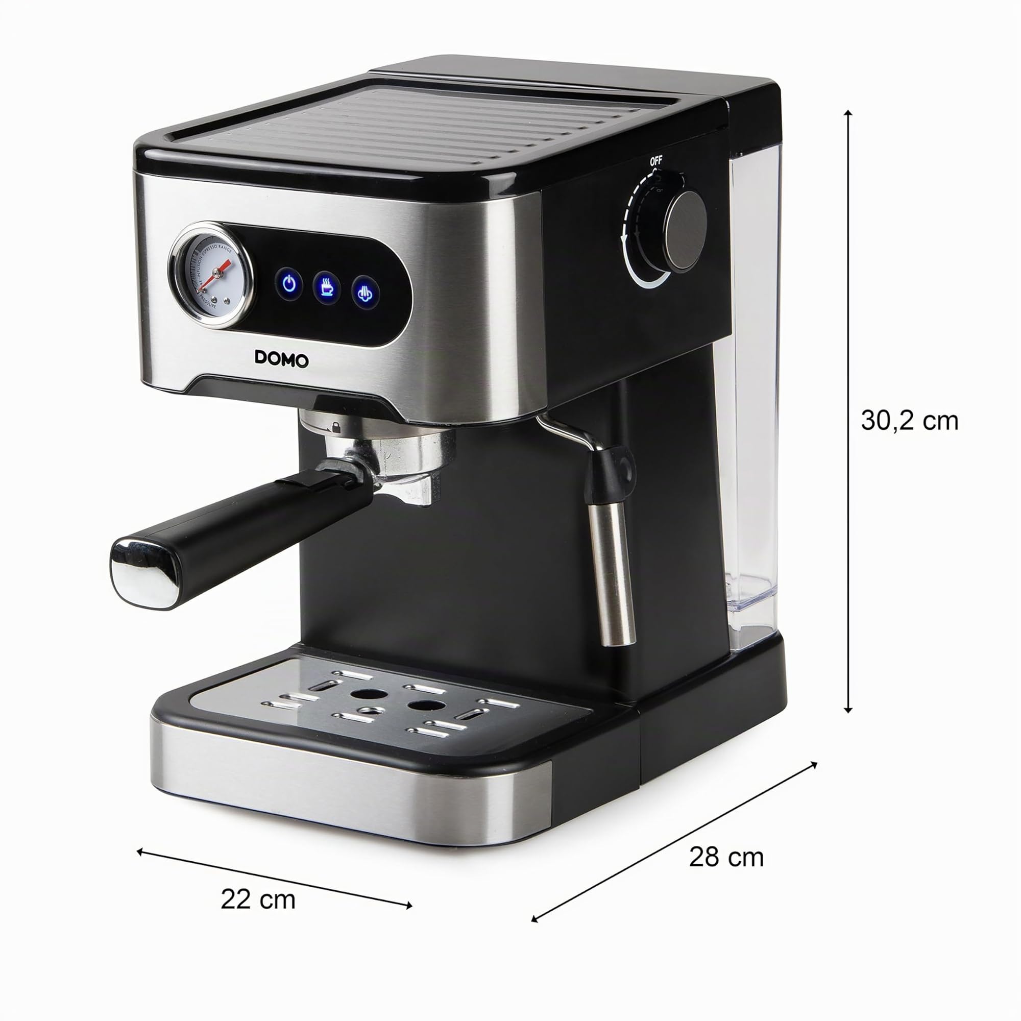 DOMO DO1138K Espressomaschine mit Manometer - 20 Bar - Mit integrierte Dampfdüse - Edelstahl/schwarz