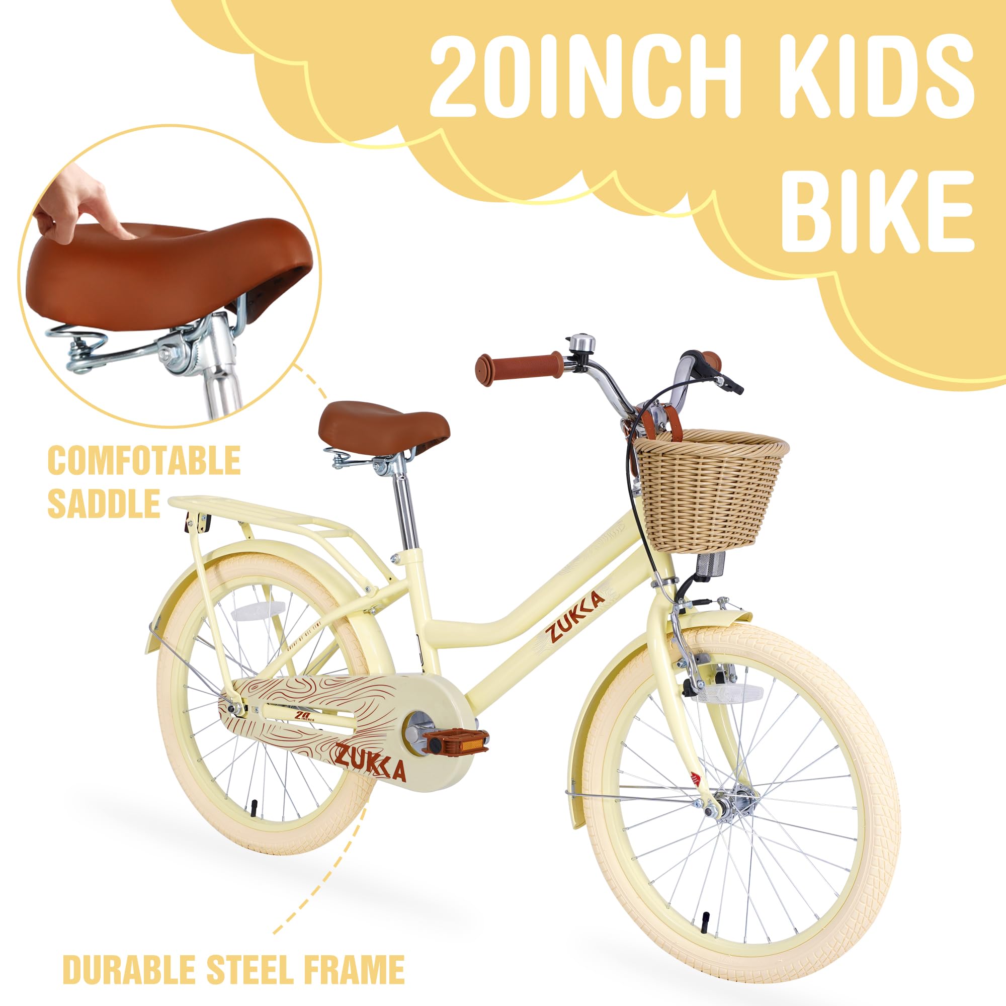 ZUKKA Kids Bike 20 Inch Girls Bike with Basket Single Speed Crusier Bike Front V Brake and Rear Coaster Brake for 7-10 Years Old Kids, Multiple Colors