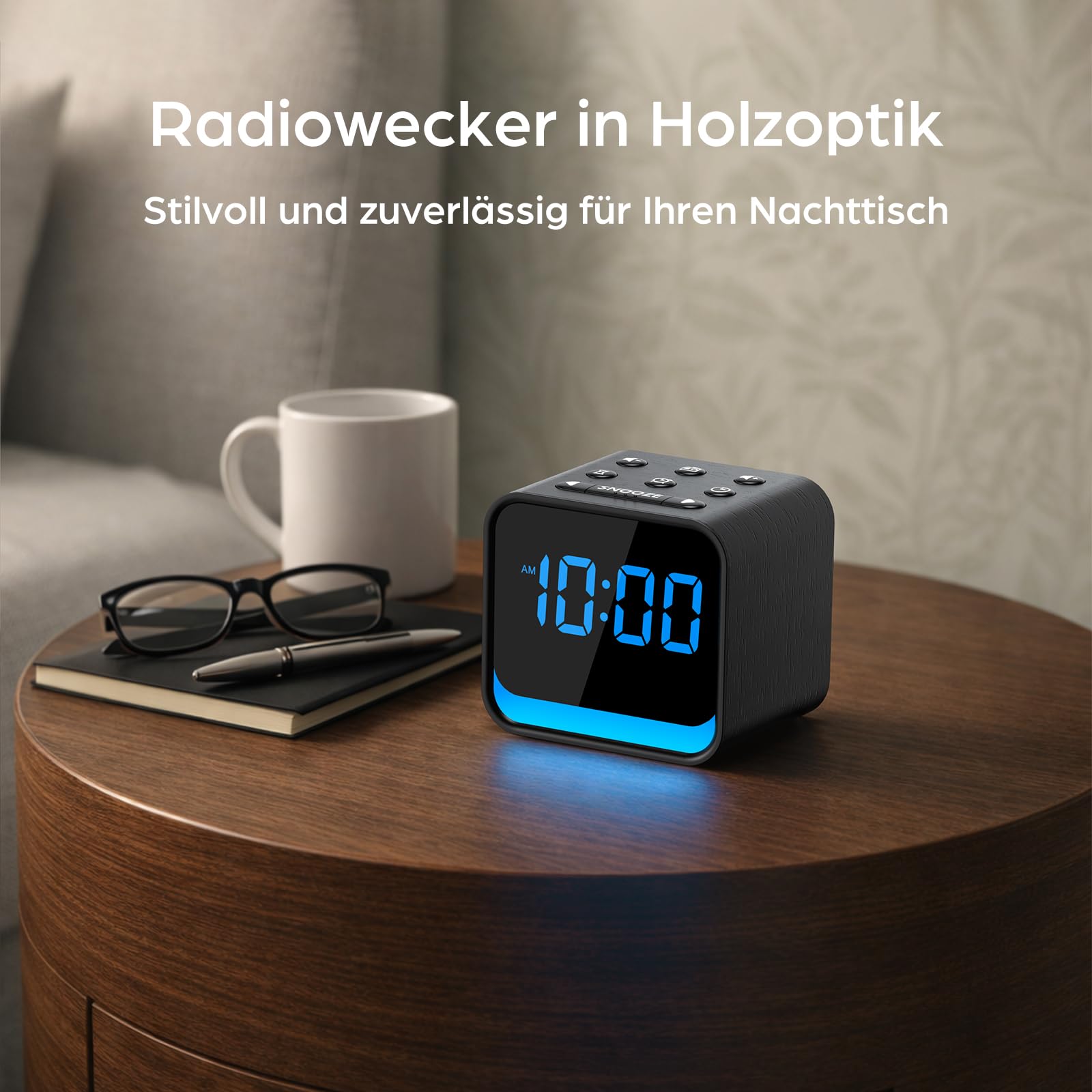 DOUMOSH Radiowecker Holzoptik mit Naturklängen & dimmbares Display - Sanftes Aufwachen mit steigender Lautstärke, digitaler Wecker mit Nachtlicht, Kompaktes Design für den Nachttisch