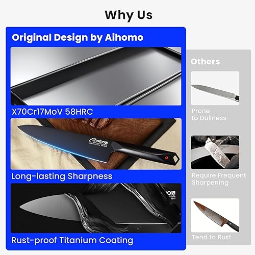 Miniatura 3 de Cuchillo de chef afilado de hoja completa, cuchillo de cocina profesional de 8 pulgadas con protector de dedos y mango ergonómico, multiusos para