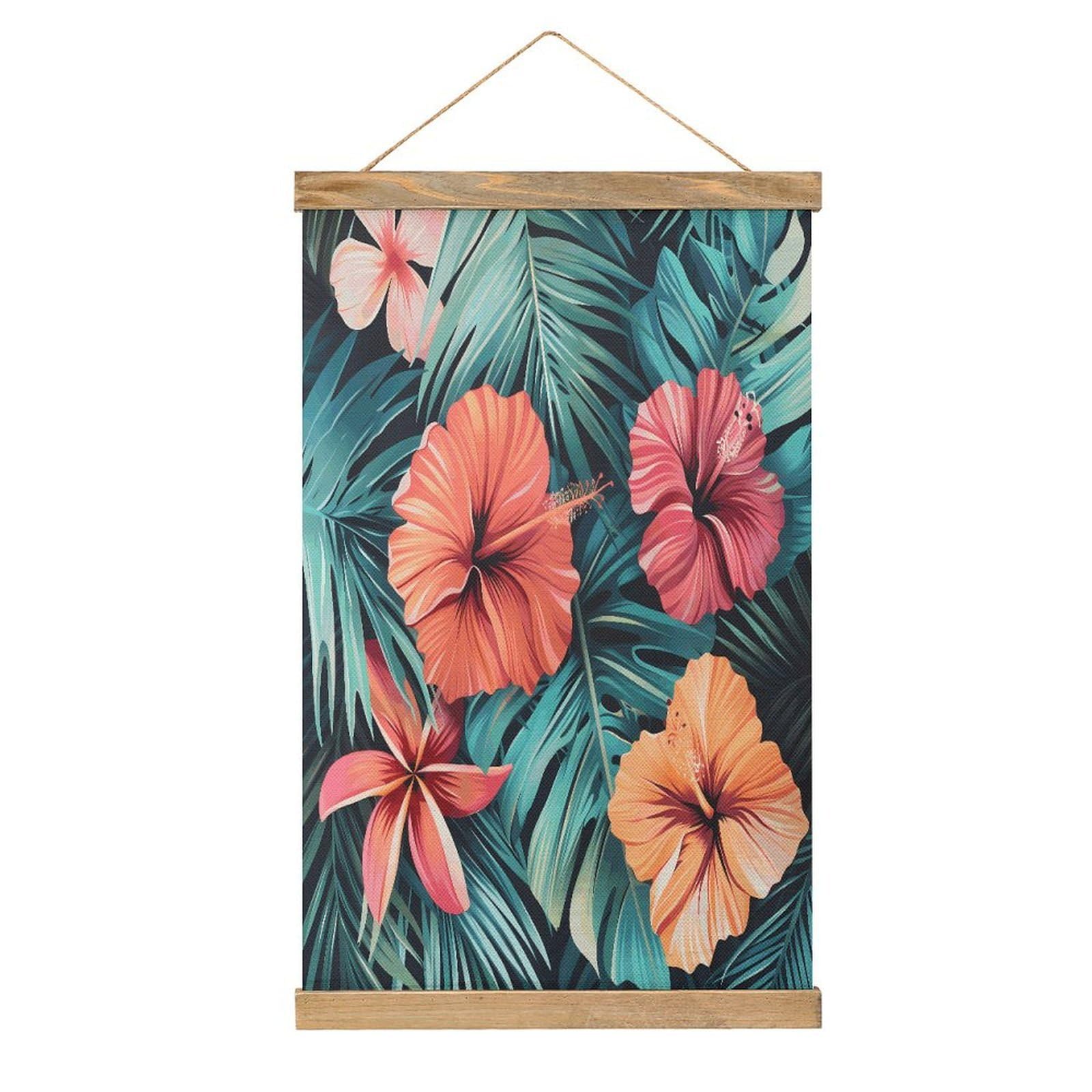 Tropical Summer Hawaiian Flower Palm Leaves Hanging Poster with Wooden Frame Modern Linen Hanging Painting Retro Style Wall Decor Art Painting for Living Room,Bedroom Decor Poster Frame 20.4x13.1inch