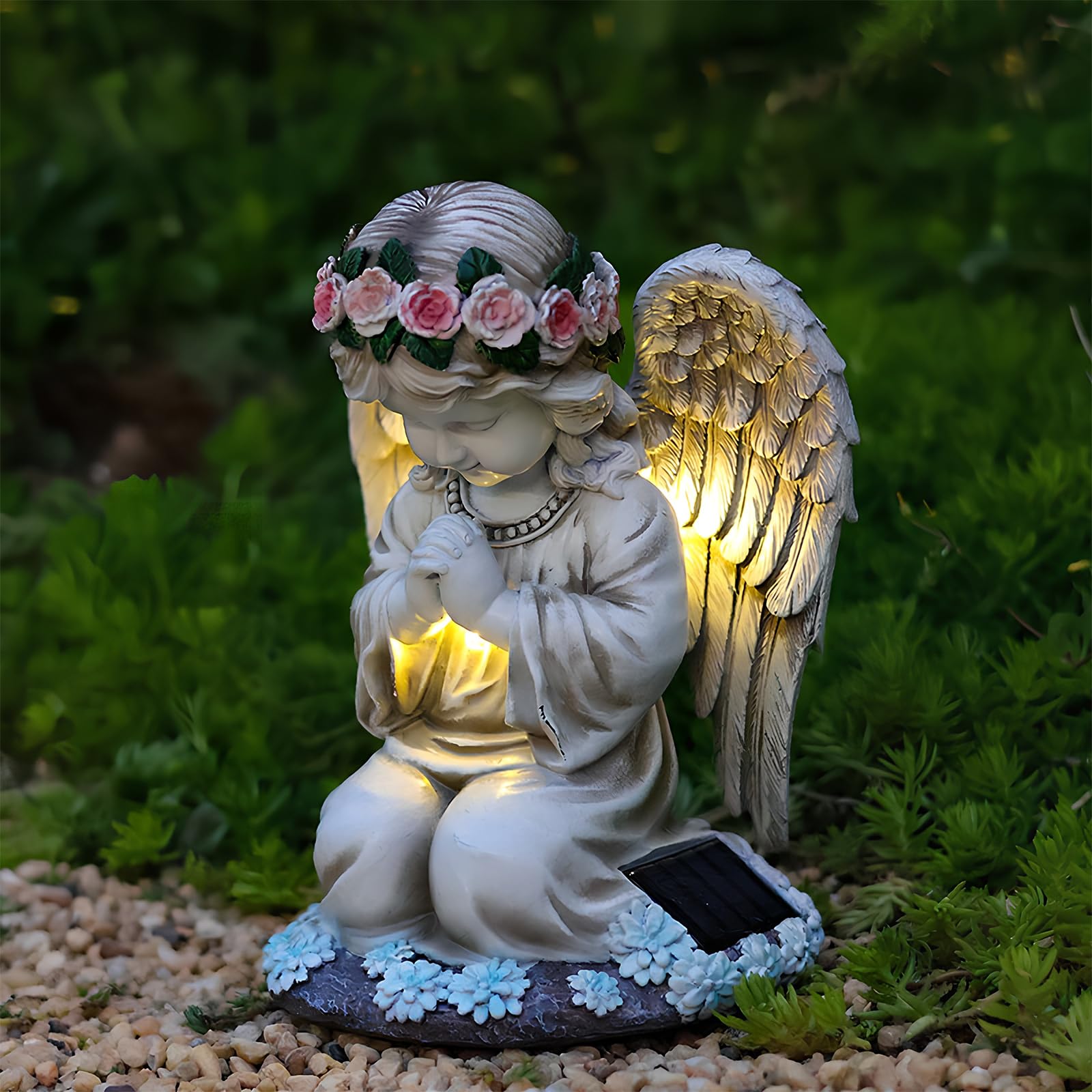 Solar Angel Garden Figures, Garden Angel Solar Light, Praying Light Up Angel Decor Resin Crafts, Waterproof Decorative Outdoor Sculpture, for Outside Yard Patio Balcony Front Lawn, 20.5×15.5×14 cm