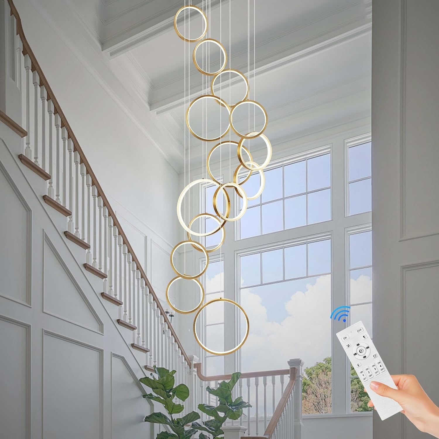 CNMKLM Modern Dimmable LED Pendant Light, Creative Circle Ring Design Hanging Lamp for High Ceiling,Adjustable Height Hanging Ceiling Lighting for Entryway Staircase Living Room(Gold,14 Ring)