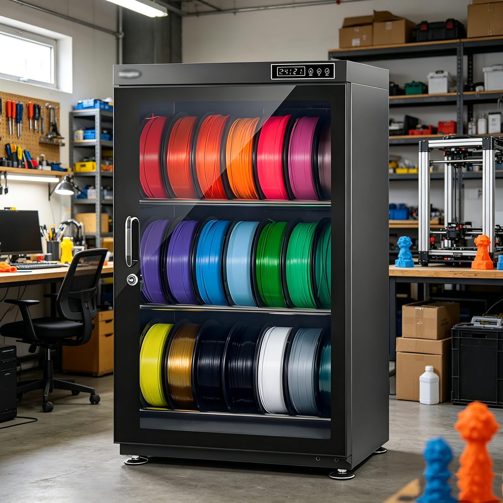 LJCSSD 3D Filament Dryer Box,3D Printer Filament Storage Box Dehydrator,with Humidity Control (20%-25% RH),Transparent Glass & Aluminum Alloy,Noiseless & Stackable Design for PLA/ABS/PETG 115L