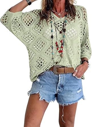 Allimy Womens Boho Crochet Tops Beach Cover Ups Summer Sweaters