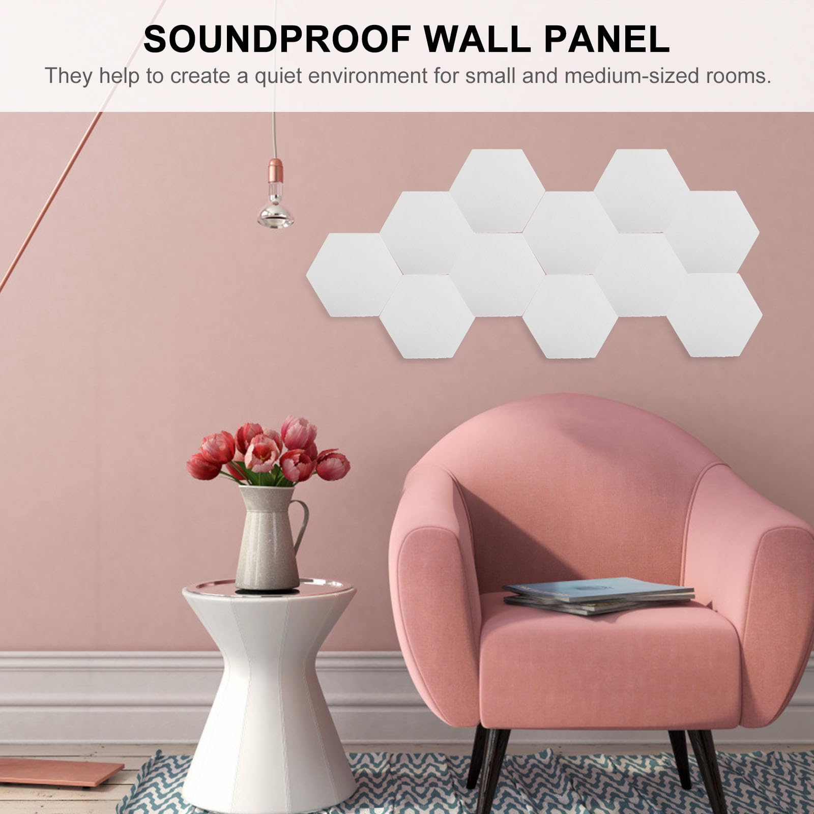 Paneles Acústicos Hexagonales para Insonorización de Paredes y Techos, 12 Piezas, Color Blanco, Fibra Química de Lana, Ideales para Oficinas en Casa y Gimnasios