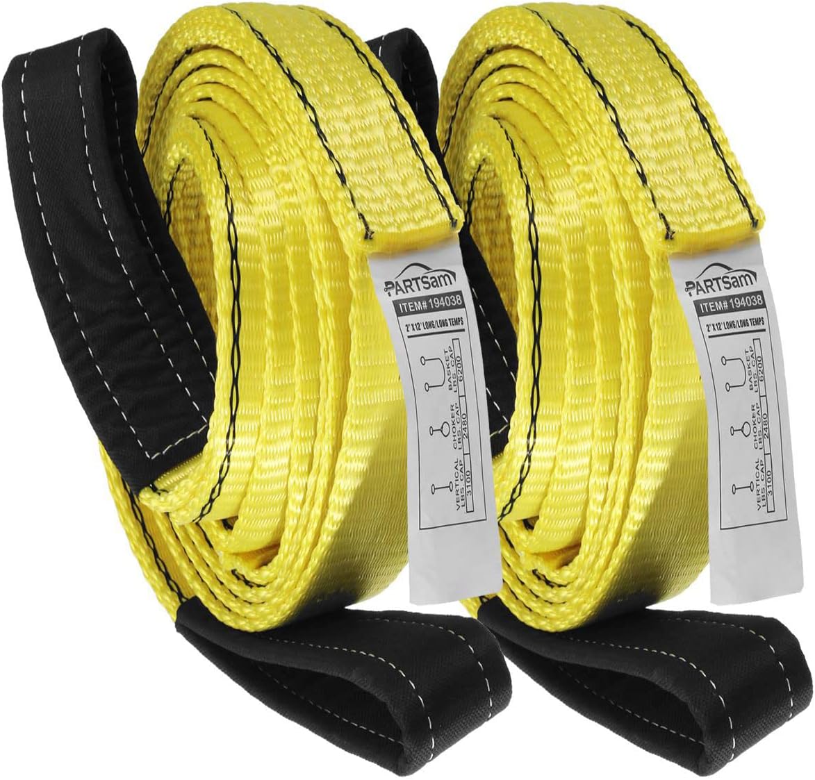 Partsam Premium 2 Pcs Crane Towing Strap 3400Dtex - Heavy Duty Web Sling - Corrosion Resistance Polyester Industrial Flat Eye-Eye Ropes (12feet x 2inch)