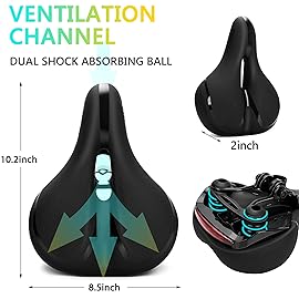 RERUIA Comfortable Bike Seat with Light Breathable Memory Foam Padded Bike Saddle Dual Shock Absorbing Center Cutout Bicycle Cushion Taillight Waterproof Leather Cover for Men Women Cycling, Universal