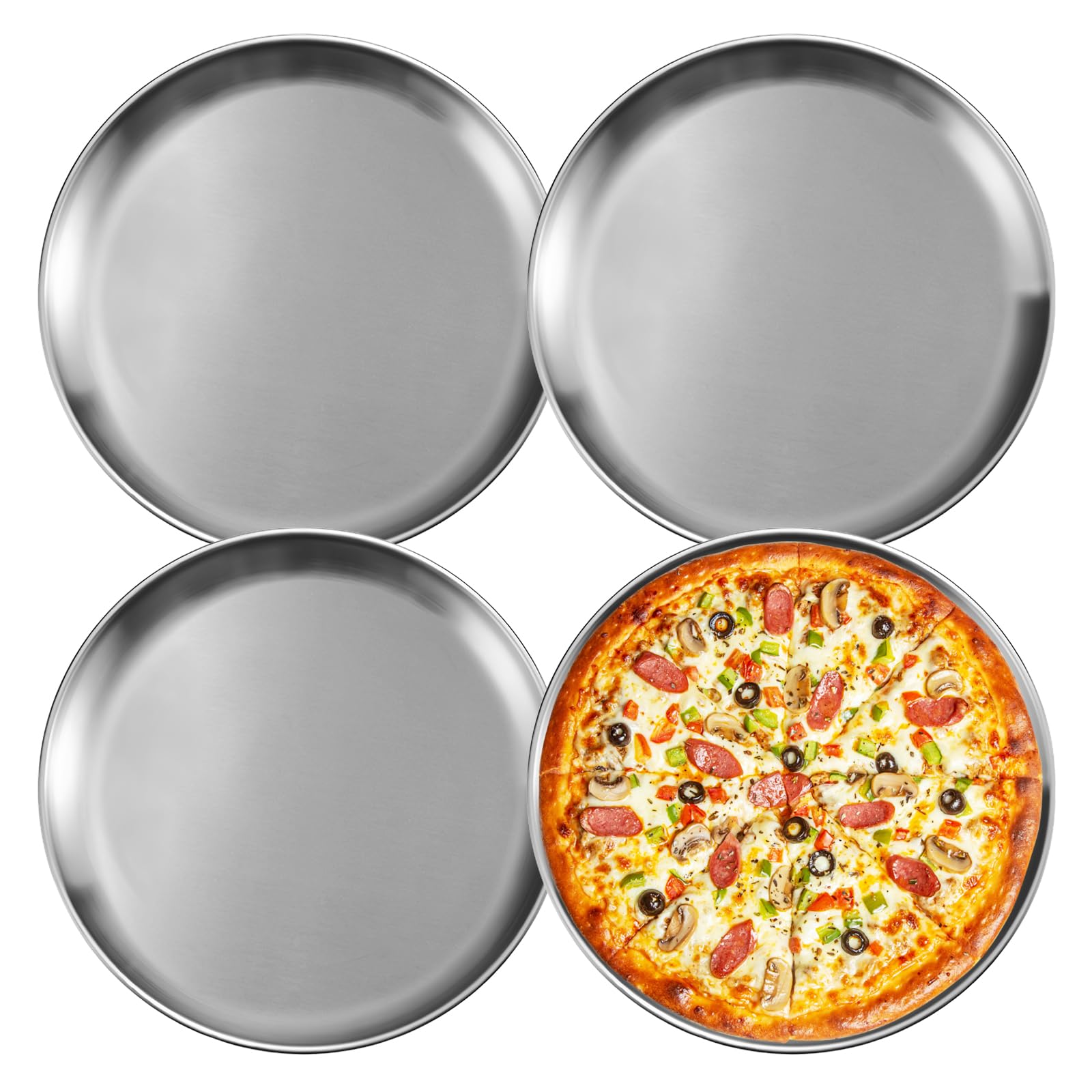 BORDEAG Lot de 4 moules à pizza ronds en acier inoxydable - 30 cm - Pour cuire au four, pizzas et tartes flambées - Passe au lave-vaisselle