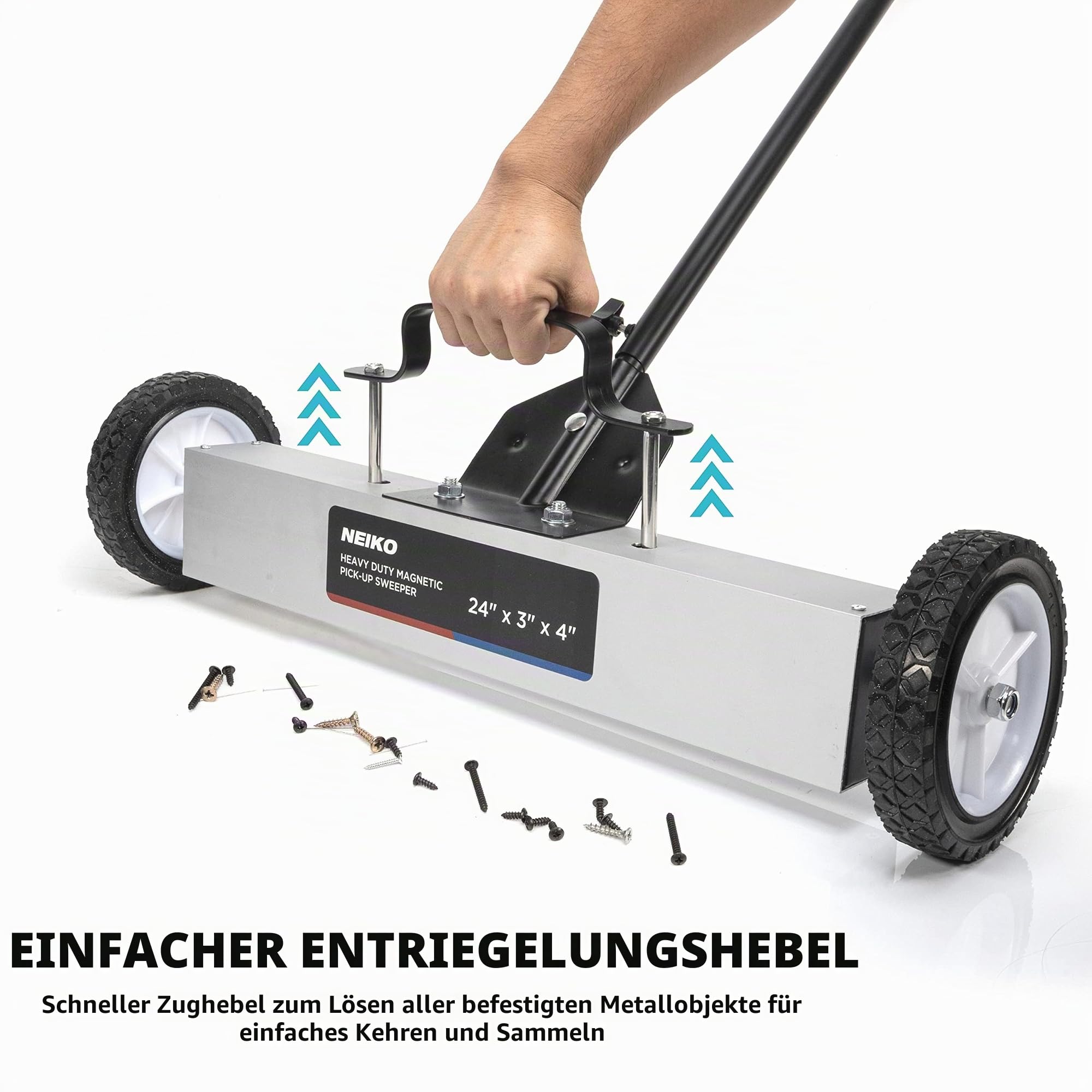 NEIKO 53416A 24” Rolling Magnetic Sweeper with Wheels, 50 Pound Capacity, Adjustable Handle & Floor Magnet Clearance Height, Metal Pick Up and Nail Magnet, Floor Sweeper for Construction, Shop, Etc.