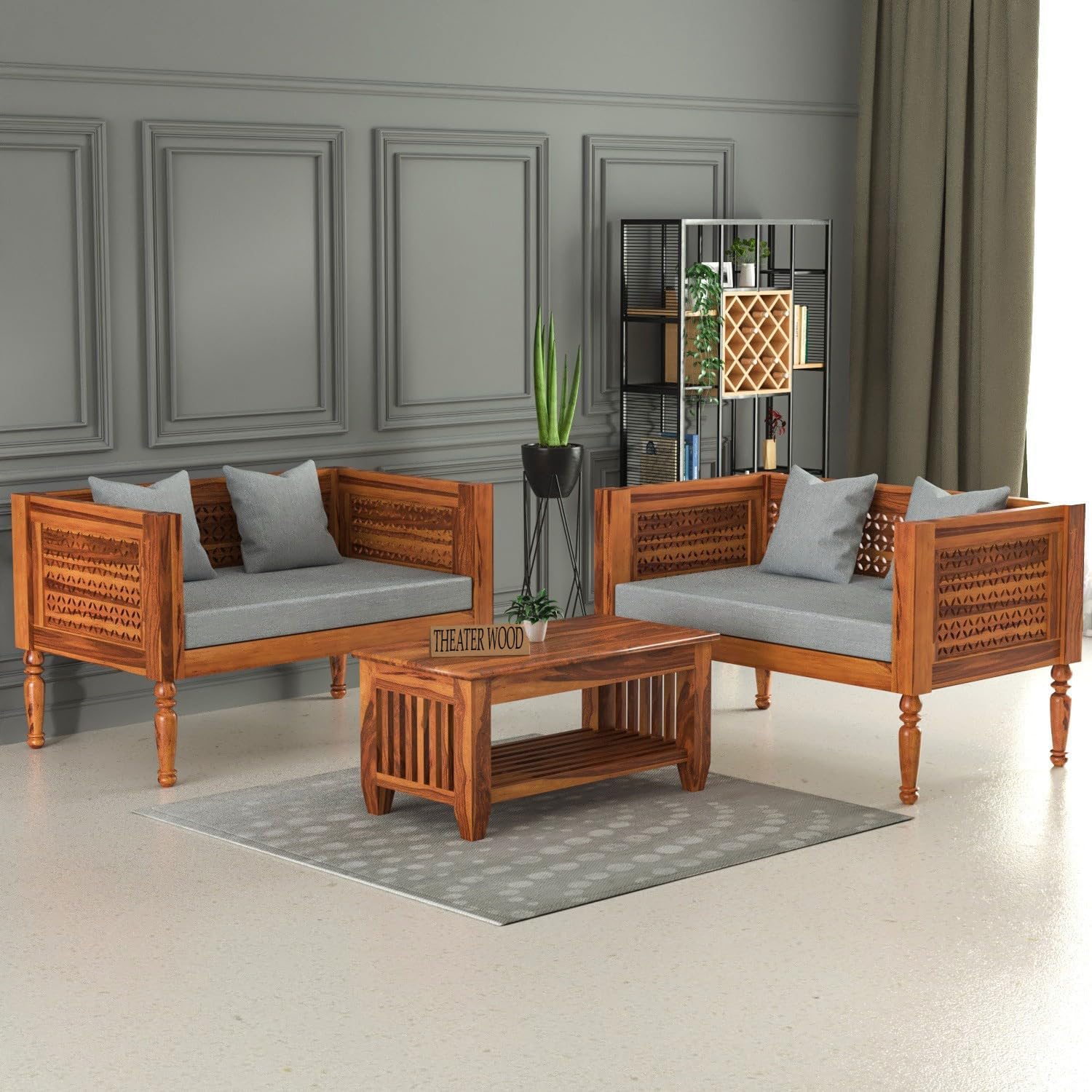 Sheesham Wooden 4 Seater Sofa Set for Living Room | Rosewood Cushion | Solid Wood Sofa Set for Lounge (Honey with Grey Cushion, 4 Seater)-image-45