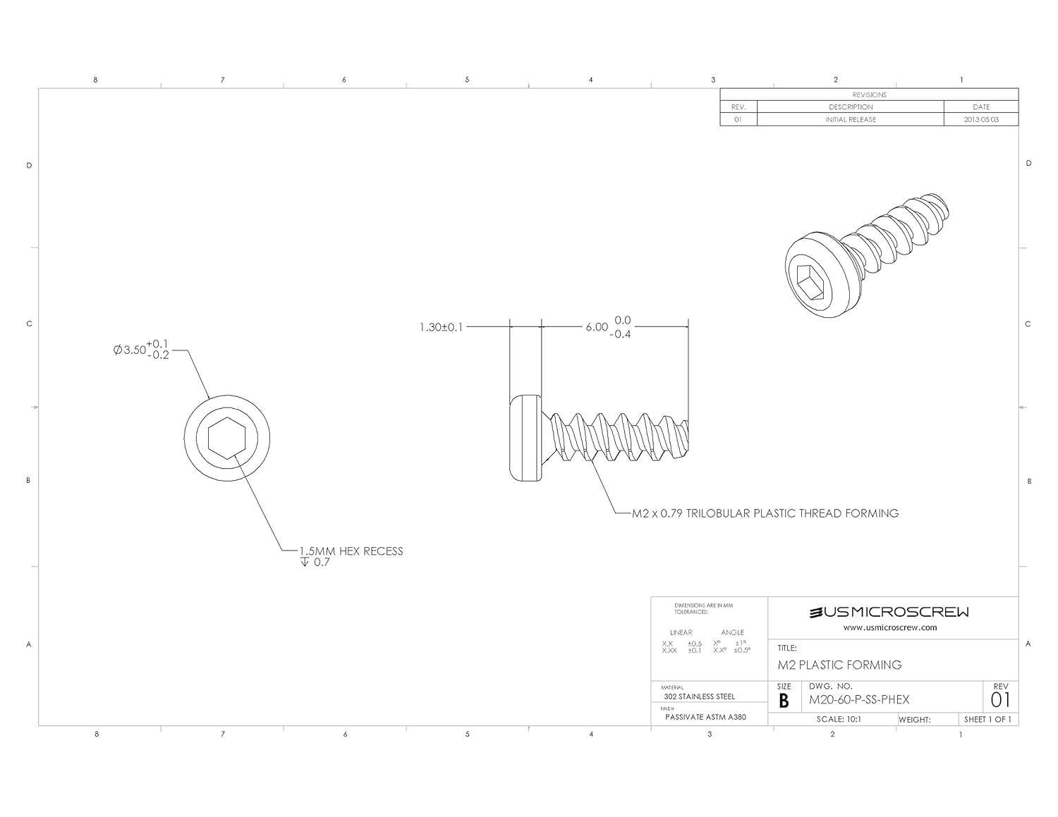M2 X 6MM Plastic Thread Forming Screw Stainless Steel Pan Head Hex Recess (100 Pcs) M2060P