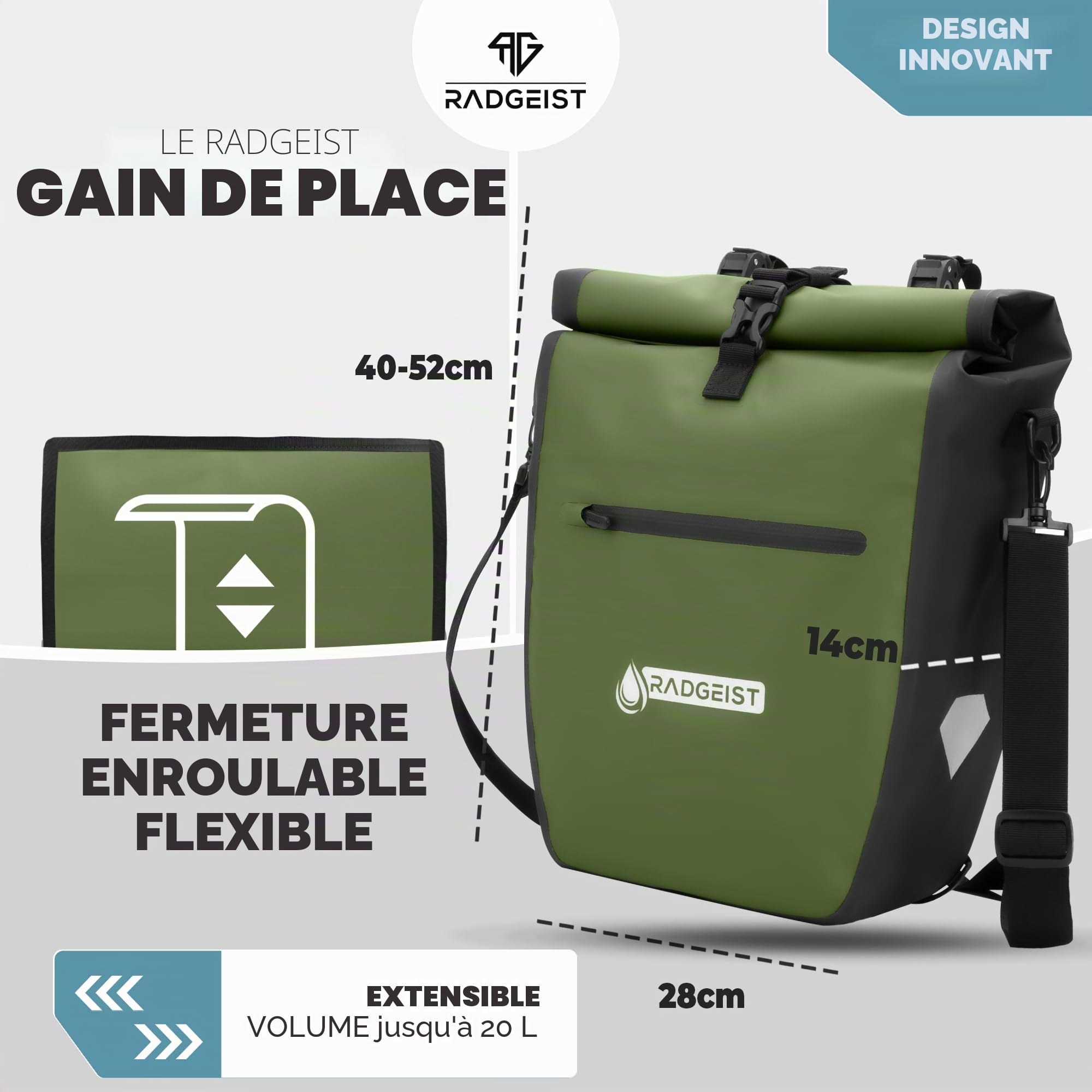 RADGEIST Lot de 2 sacoches de vélo pour porte-bagages, imperméables et à bandoulière, vertes, 20 l