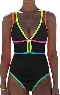 popvil Women One Piece Swimsuit 2026 Tummy Control Sexy Cutout Neon Color Block Bathing