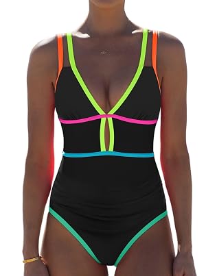 popvil Women One Piece Swimsuit 2025 Tummy Control Sexy Cutout Neon Color Block Bathing Suit Slimming Adjustable Swimwear
