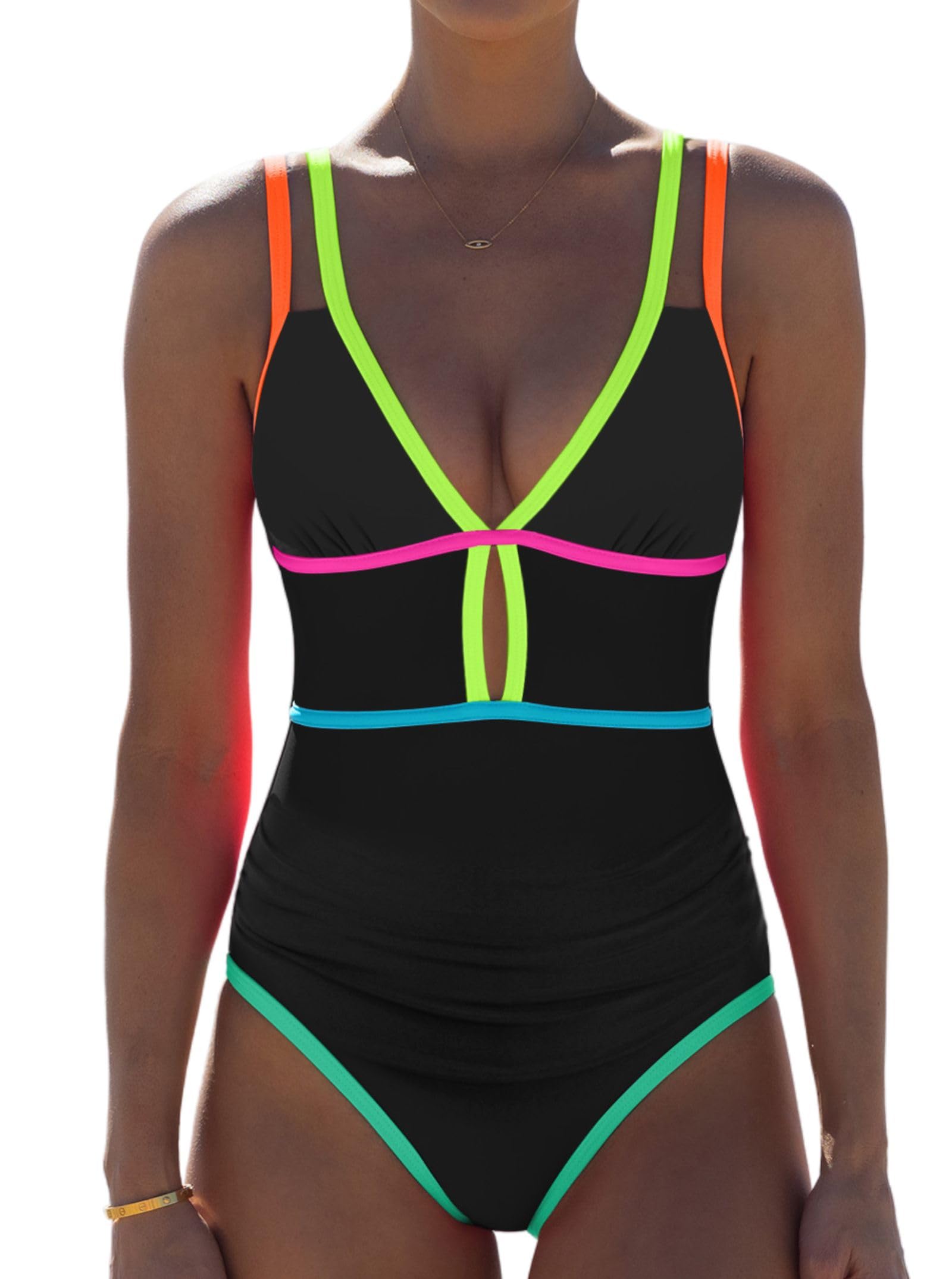 popvil Women One Piece Swimsuit 2025 Tummy Control Sexy Cutout Neon Color Block Bathing Suit Slimming Adjustable Swimwear
