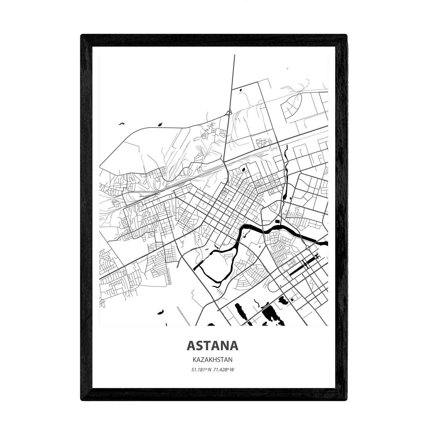 Nacnic Poster with map of Astana - Kazakhstan. Asian cities sheets with seas and rivers in black color. A4 size
