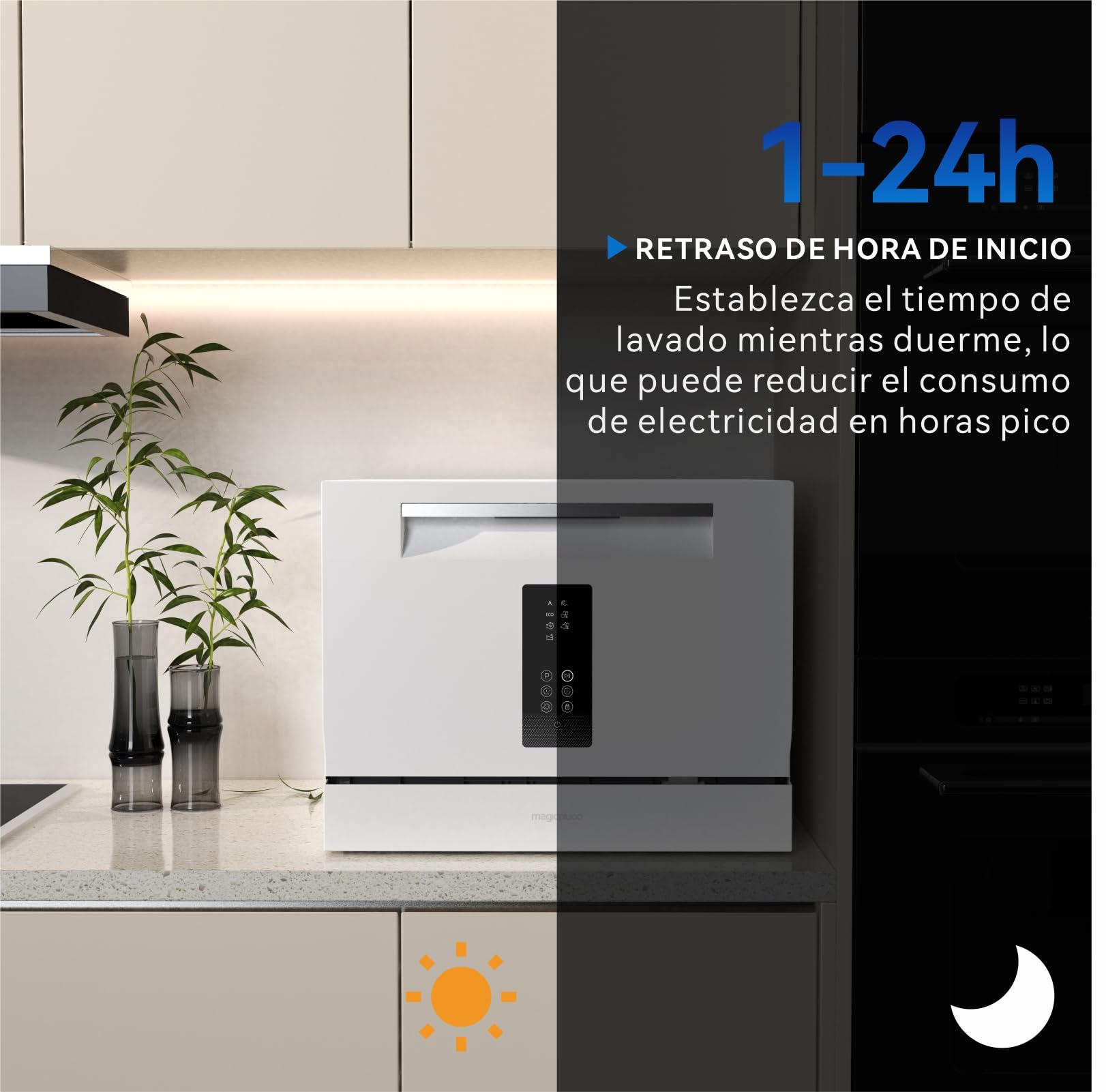 magicplux Lavavajillas compactos, 6 cubiertos, 7+1 programas de lavado, inicio retardado, función de autolimpieza, para apartamentos pequeños, mini lavavajillas con conexión de agua, blanco