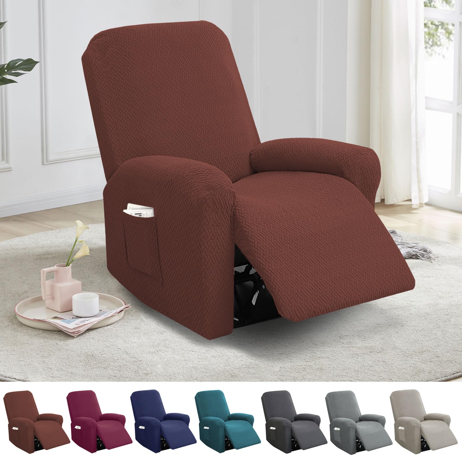 YushengTai 1-Sitzer Sesselbezug Stretch – mit Taschen, Streifen-Jacquard | All-Inclusive Sesselschoner für Fernseh- & Relaxsessel – elastisch, rutschfest & maschinenwaschbar.