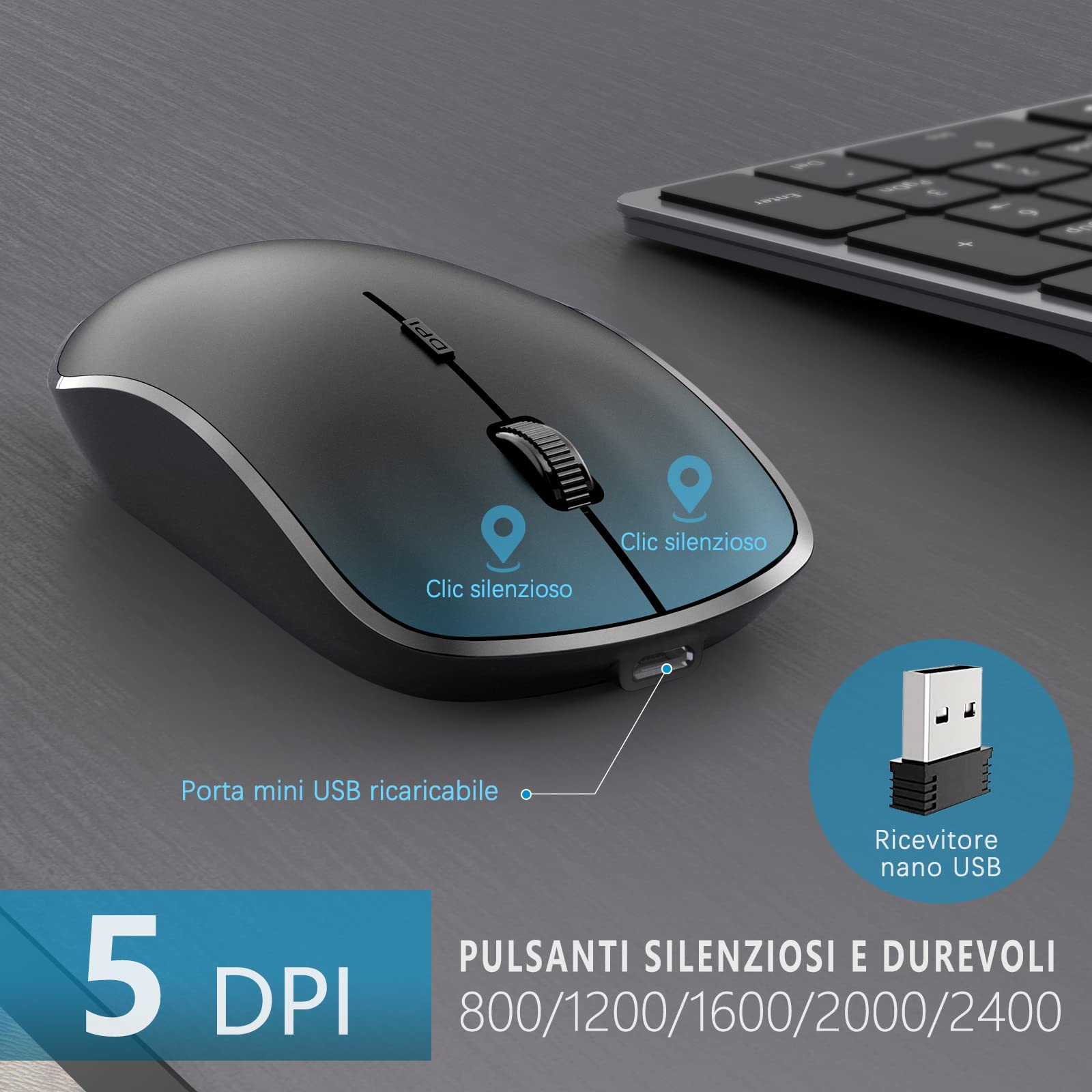 JOYACCESS Tastiera e Mouse Wireless,Full Size Compatto Costruito in 500mA Ricaricabile Batteria,2,4 GHz Silenzioso Ergonomico per PC,Laptop-Grigio Nero